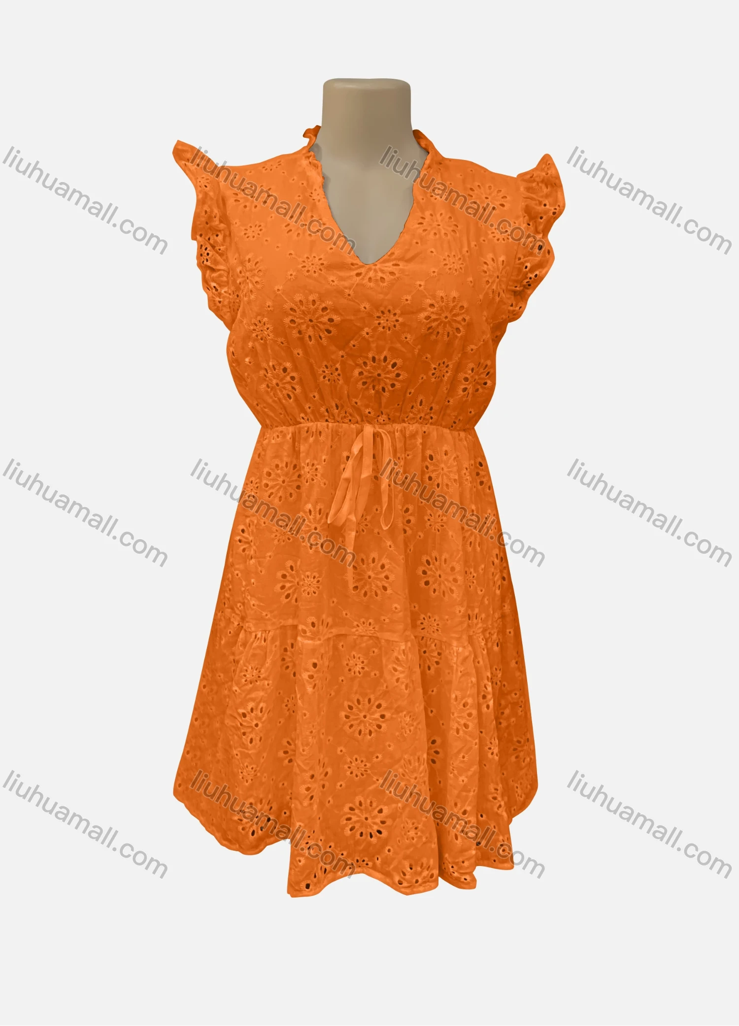 Wholesale Women's Casual V Neck Plain Ruffle Trim Eyelet Embroidered Drawstring Short Dress 7204# - Liuhuamall