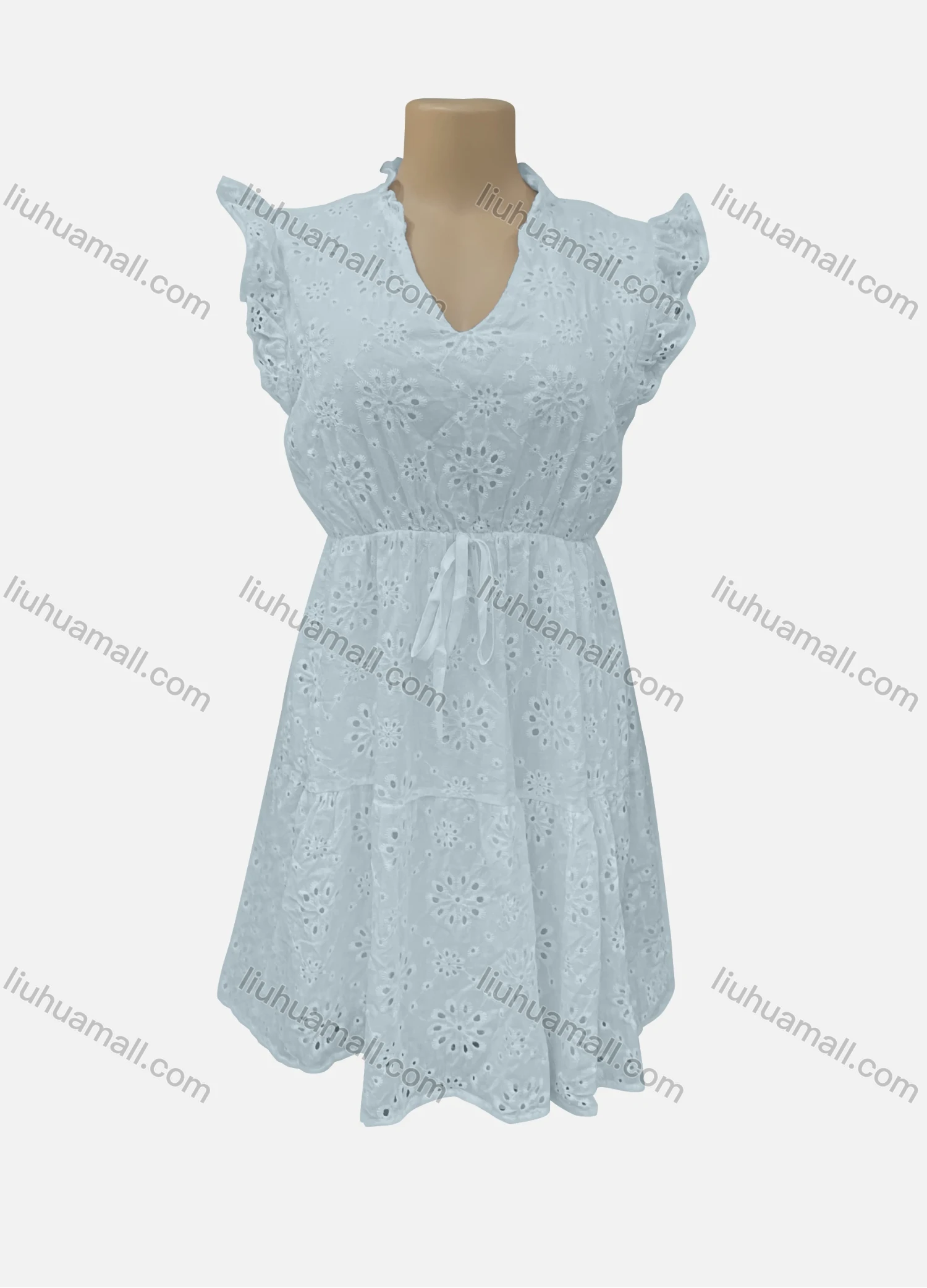 Wholesale Women's Casual V Neck Plain Ruffle Trim Eyelet Embroidered Drawstring Short Dress 7204# - Liuhuamall