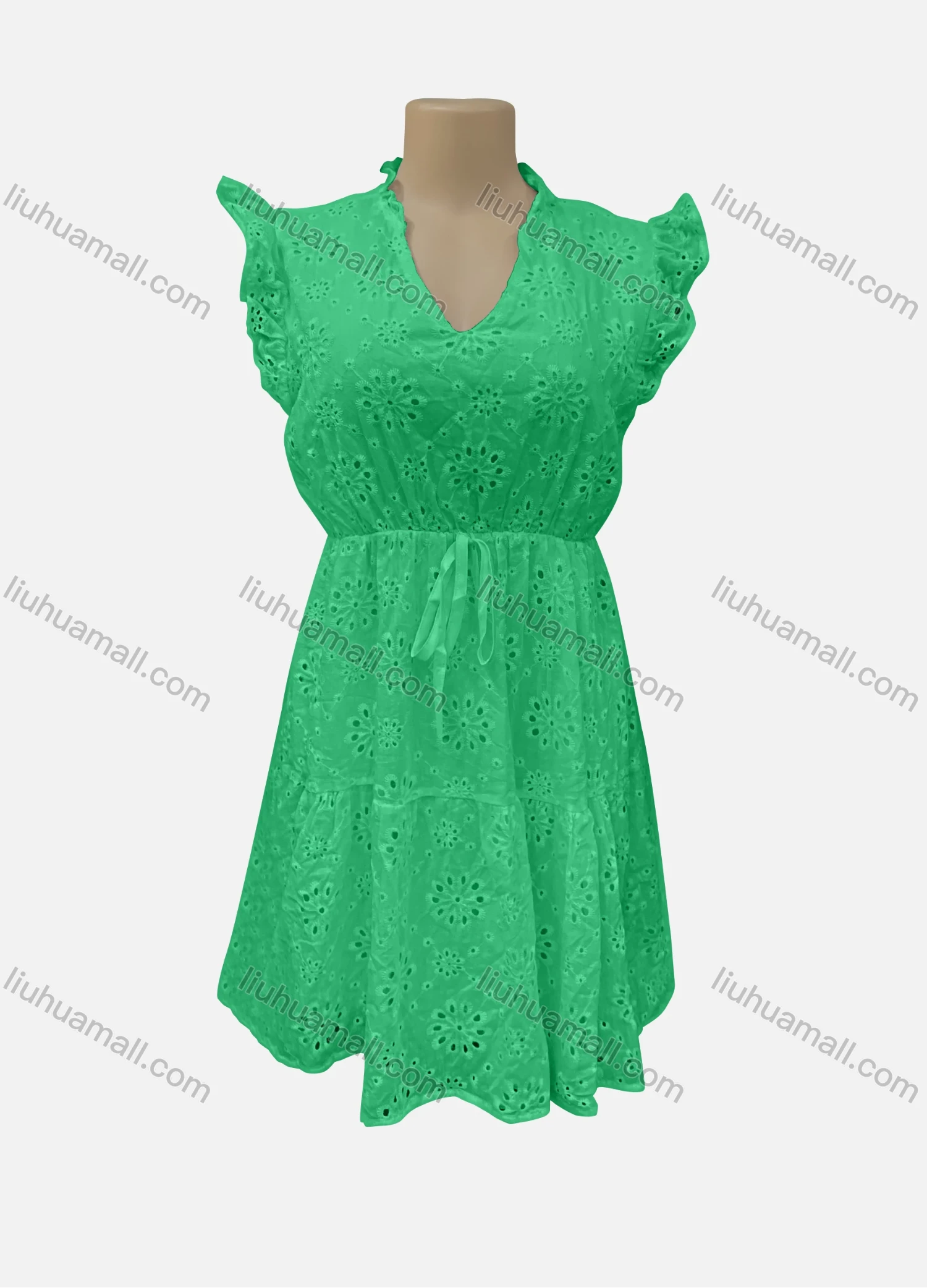 Wholesale Women's Casual V Neck Plain Ruffle Trim Eyelet Embroidered Drawstring Short Dress 7204# - Liuhuamall