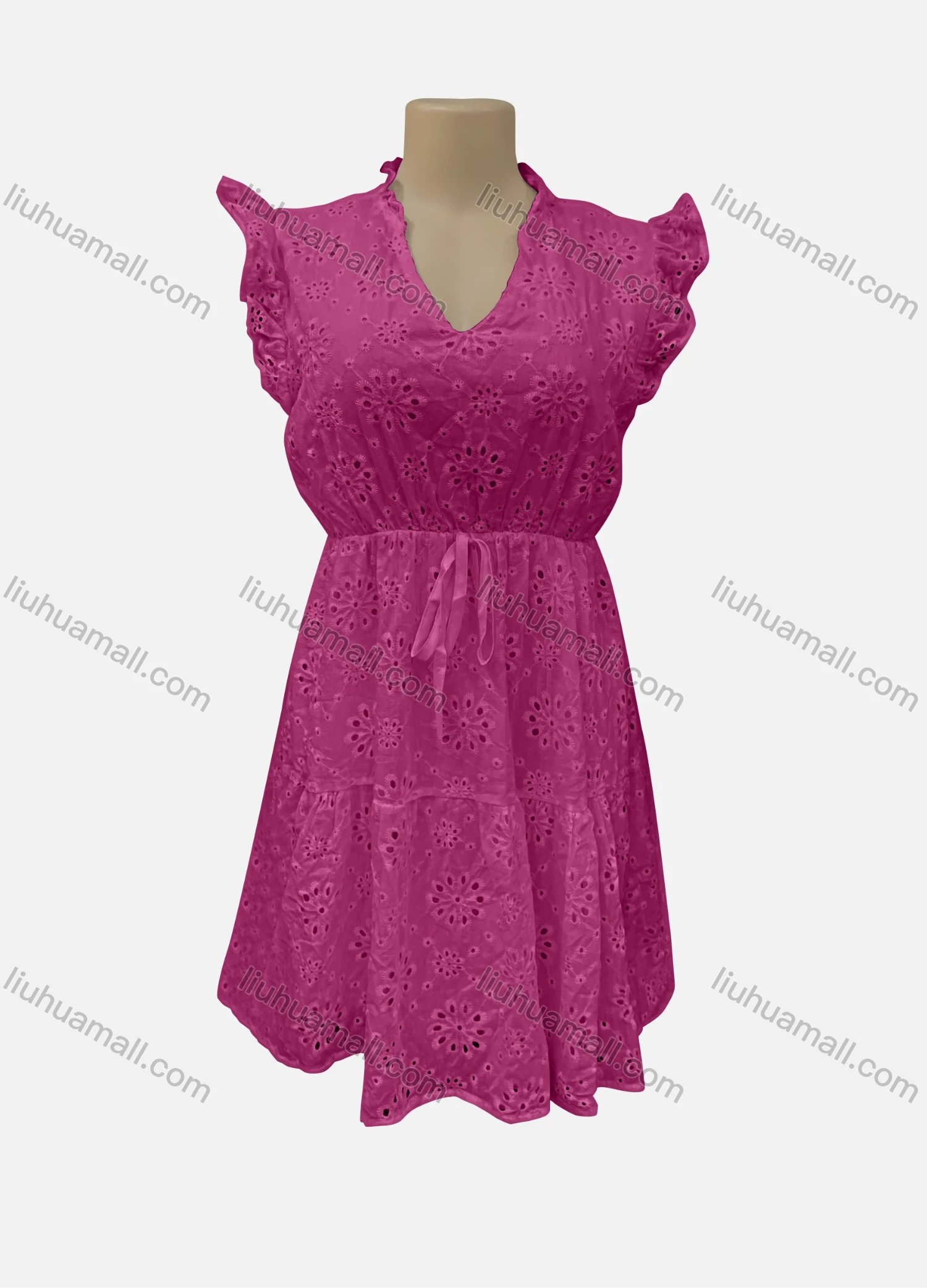 Wholesale Women's Casual V Neck Plain Ruffle Trim Eyelet Embroidered Drawstring Short Dress 7204# - Liuhuamall