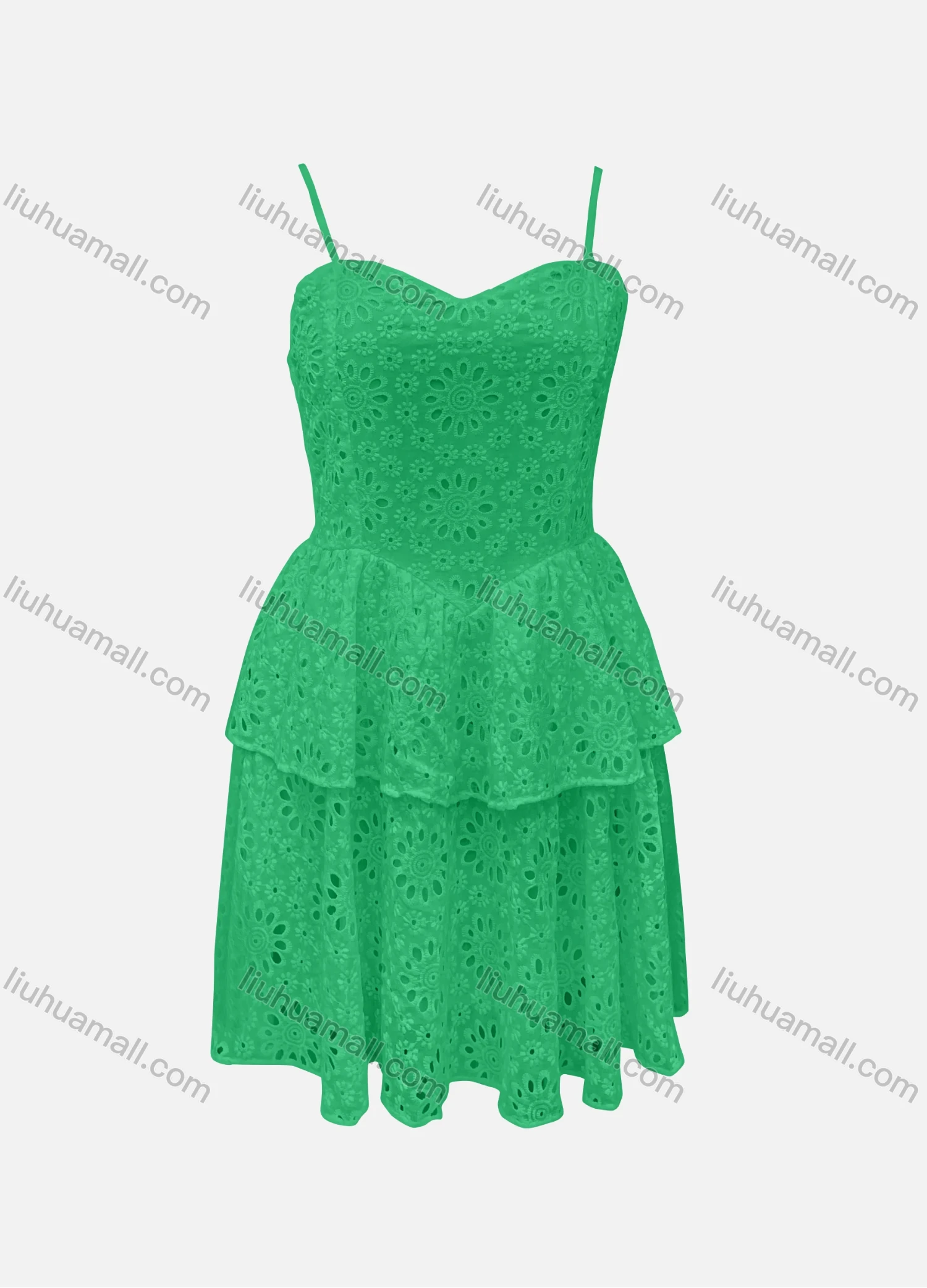 Wholesale Women's Casual 100%Cotton Plain Layered Hem Eyelet Embroidered Cami Short Dress 7216# - Liuhuamall