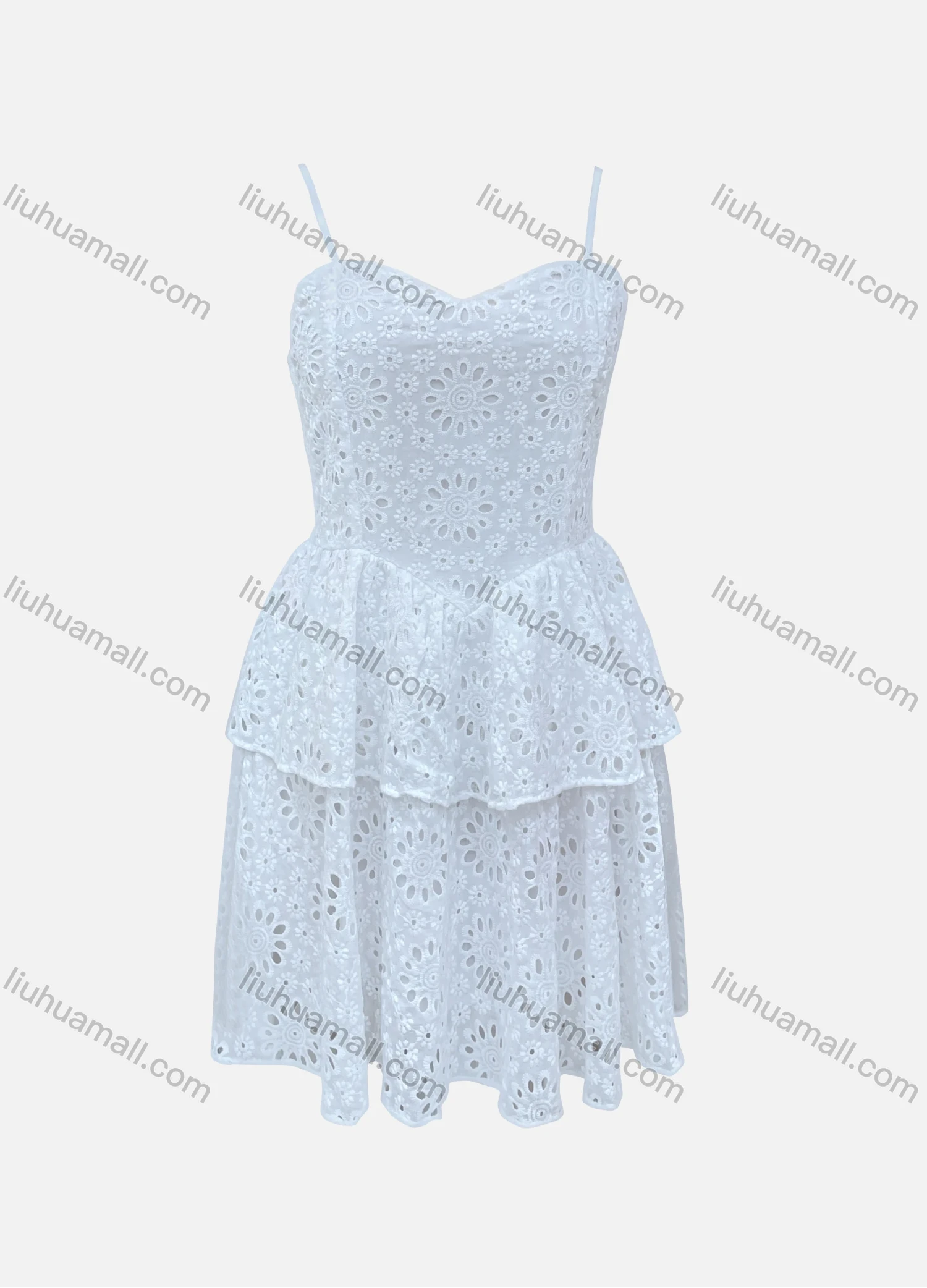 Wholesale Women's Casual 100%Cotton Plain Layered Hem Eyelet Embroidered Cami Short Dress 7216# - Liuhuamall
