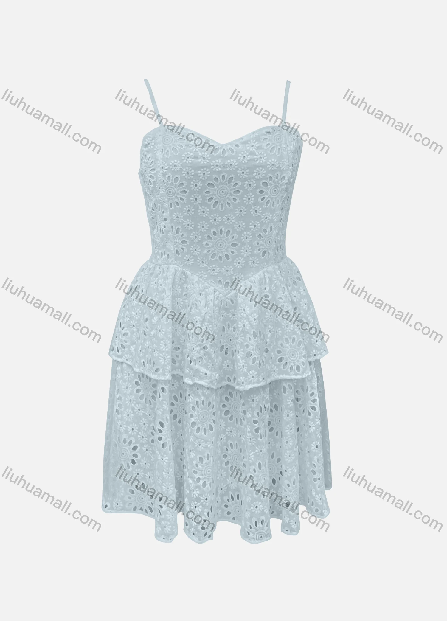 Wholesale Women's Casual 100%Cotton Plain Layered Hem Eyelet Embroidered Cami Short Dress 7216# - Liuhuamall
