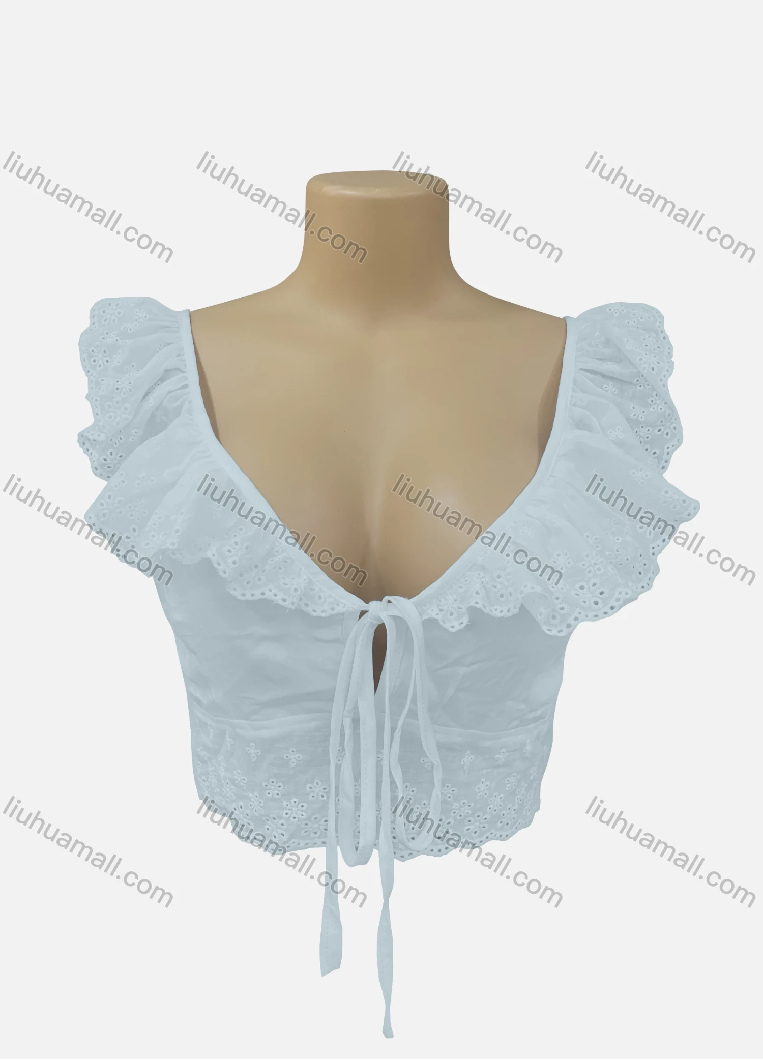 Wholesale Women's 100%Cotton Sexy Plain Eyelet Embroidered Ruched Tie Front Crop Top SC3579# - Liuhuamall