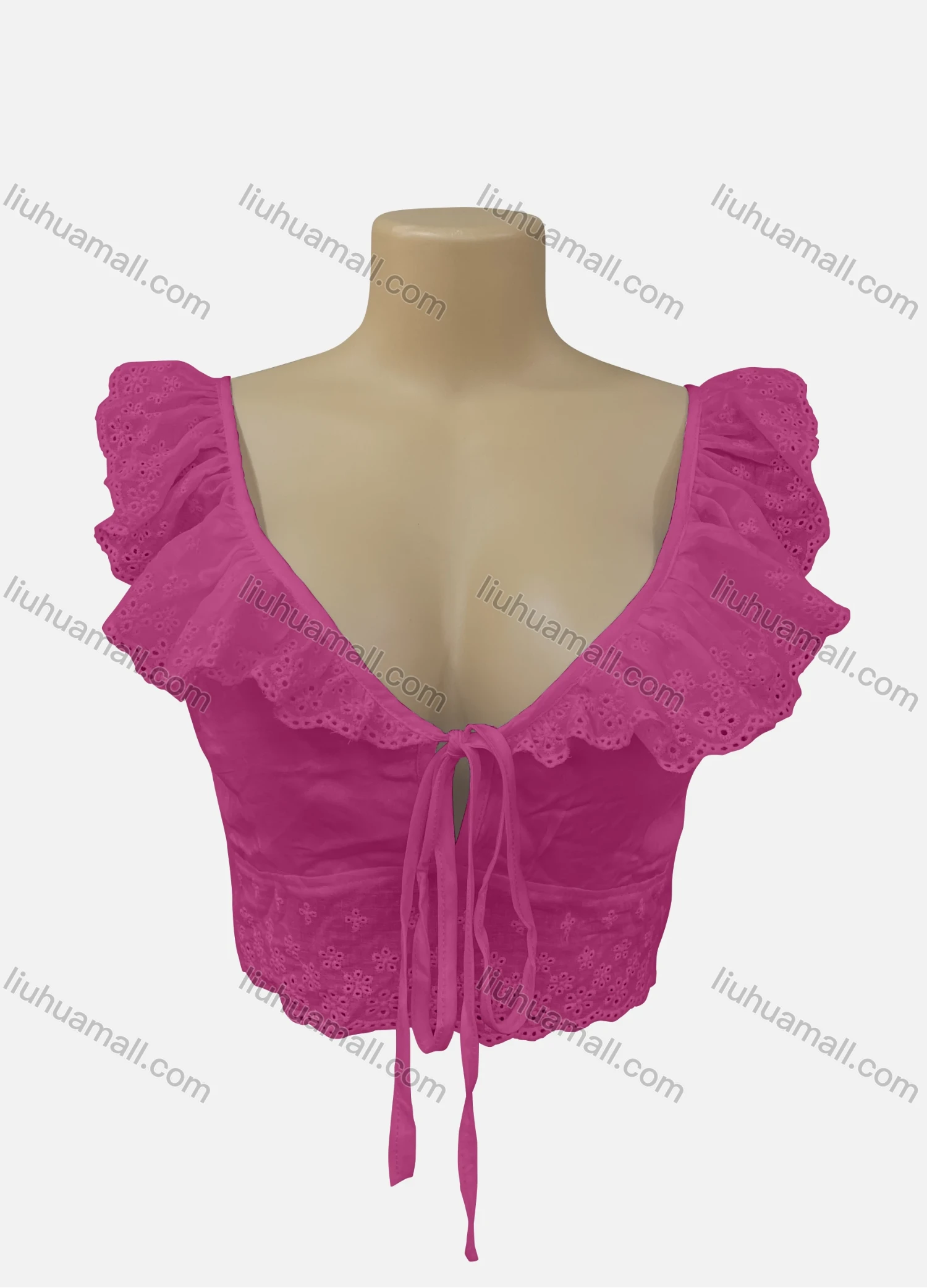 Wholesale Women's 100%Cotton Sexy Plain Eyelet Embroidered Ruched Tie Front Crop Top SC3579# - Liuhuamall