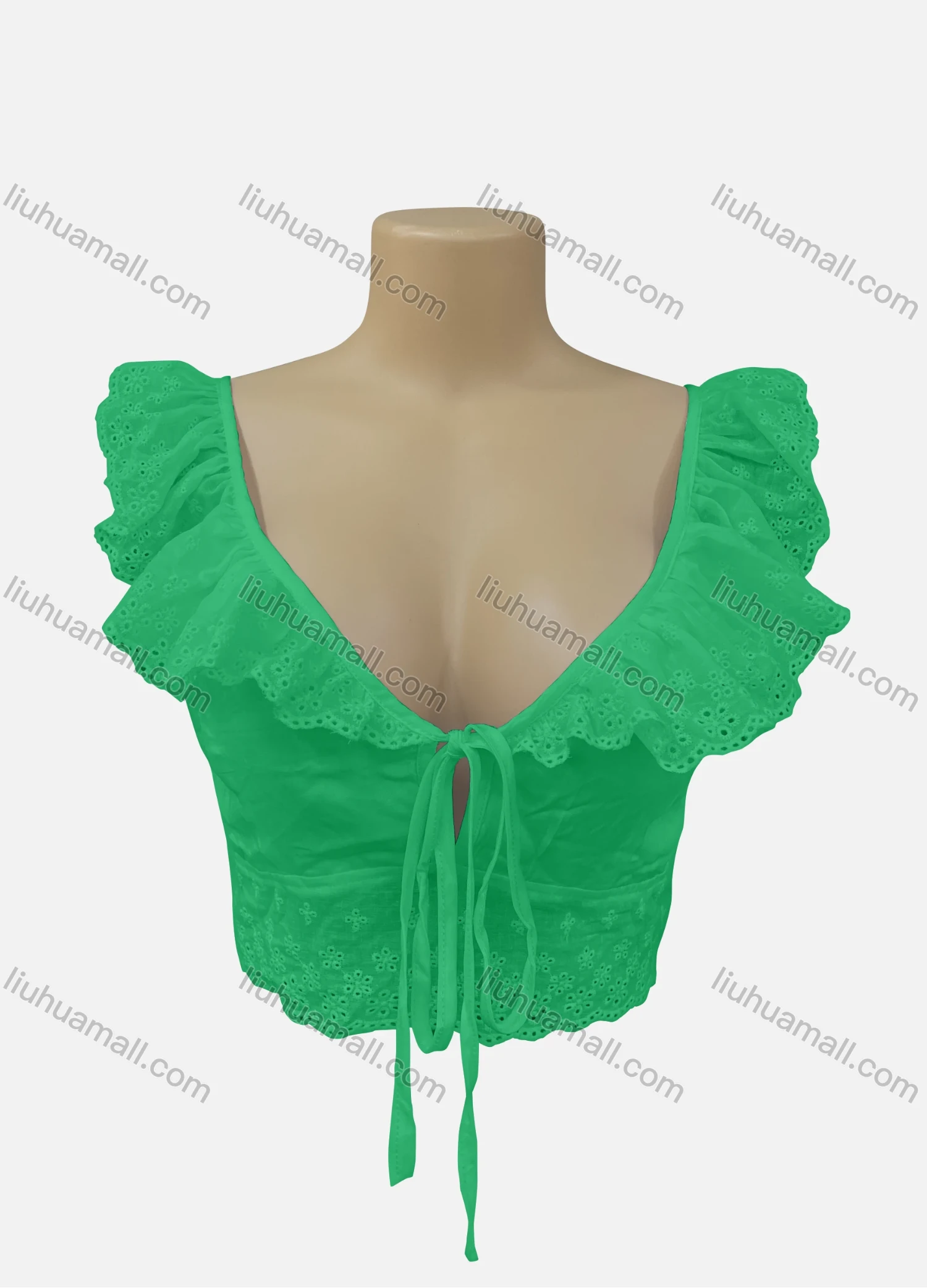 Wholesale Women's 100%Cotton Sexy Plain Eyelet Embroidered Ruched Tie Front Crop Top SC3579# - Liuhuamall