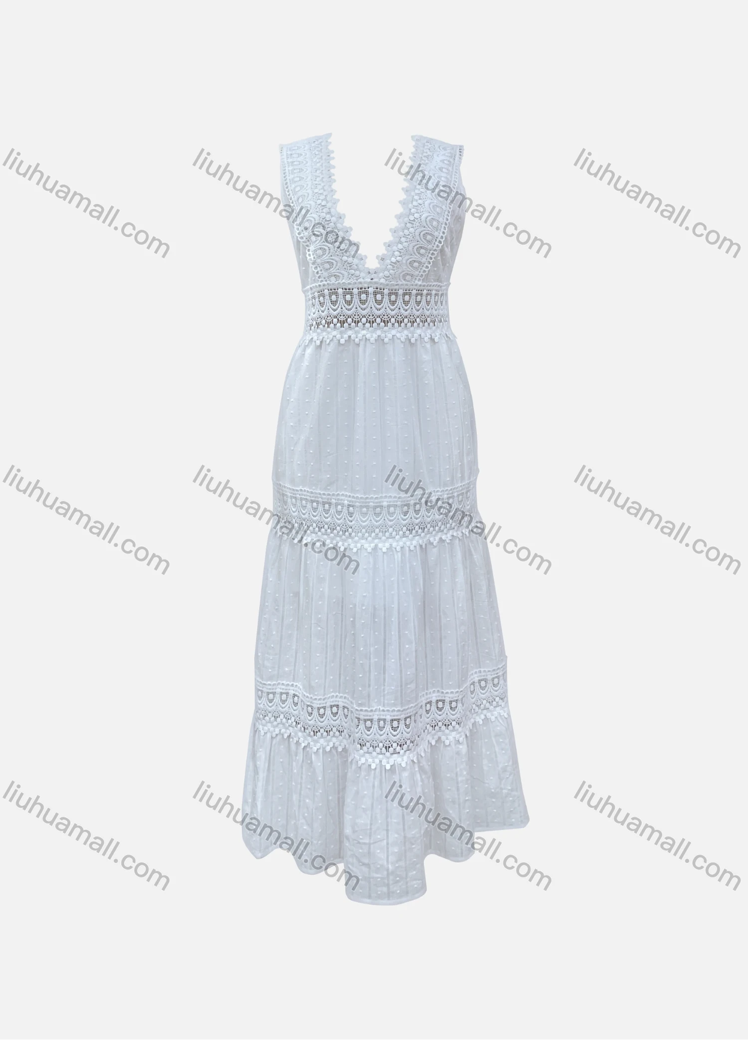 Wholesale Women's Casual 100%Cotton Plain Deep V Neck Pom-pom Ruffle Hem Hollow Out Tank Maxi Dress SC3648# - Liuhuamall