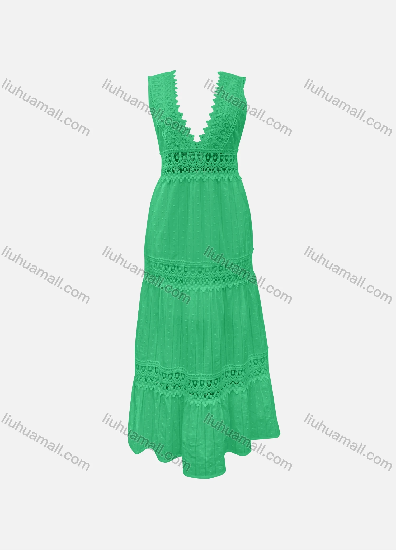 Wholesale Women's Casual 100%Cotton Plain Deep V Neck Pom-pom Ruffle Hem Hollow Out Tank Maxi Dress SC3648# - Liuhuamall