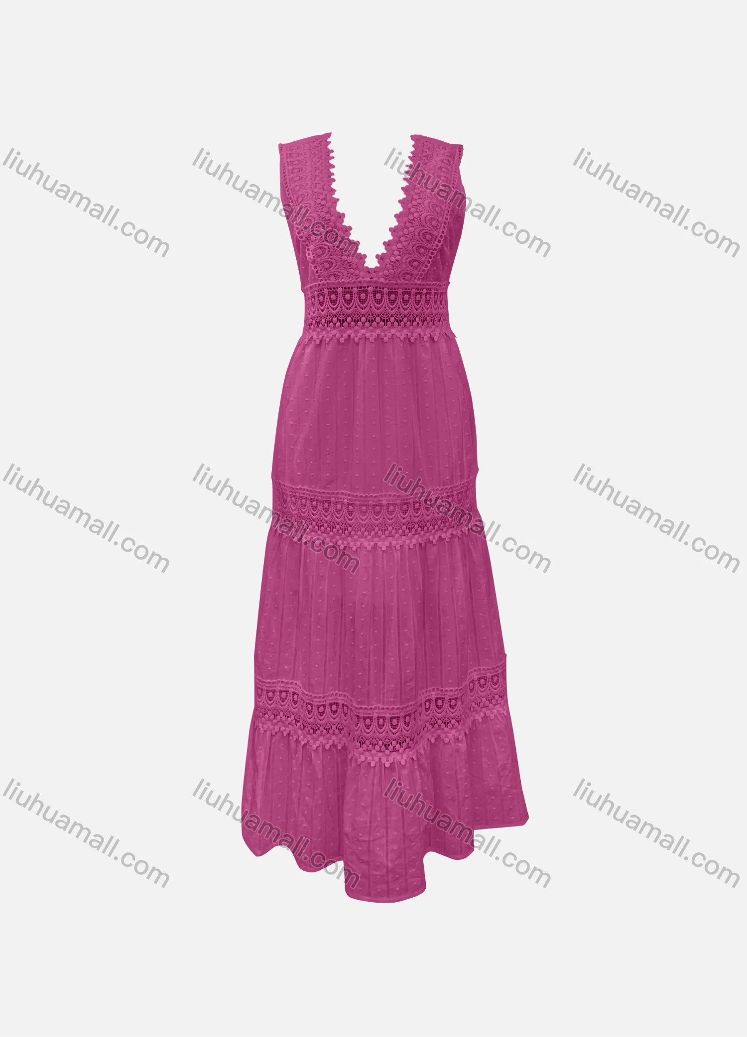 Wholesale Women's Casual 100%Cotton Plain Deep V Neck Pom-pom Ruffle Hem Hollow Out Tank Maxi Dress SC3648# - Liuhuamall