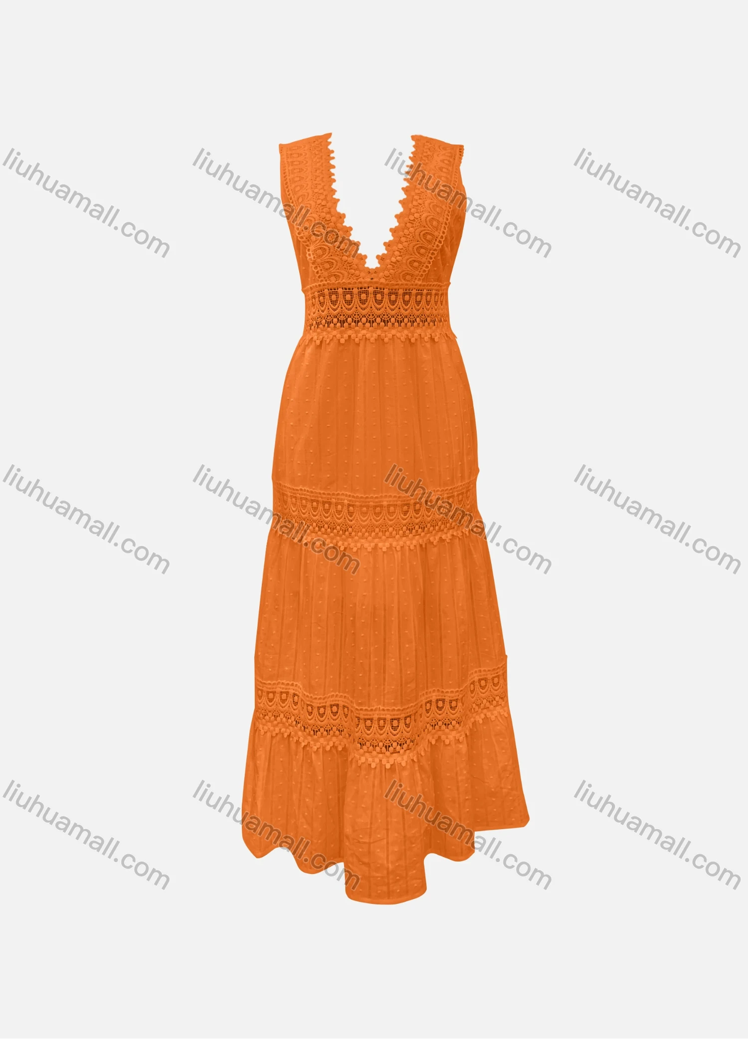 Wholesale Women's Casual 100%Cotton Plain Deep V Neck Pom-pom Ruffle Hem Hollow Out Tank Maxi Dress SC3648# - Liuhuamall