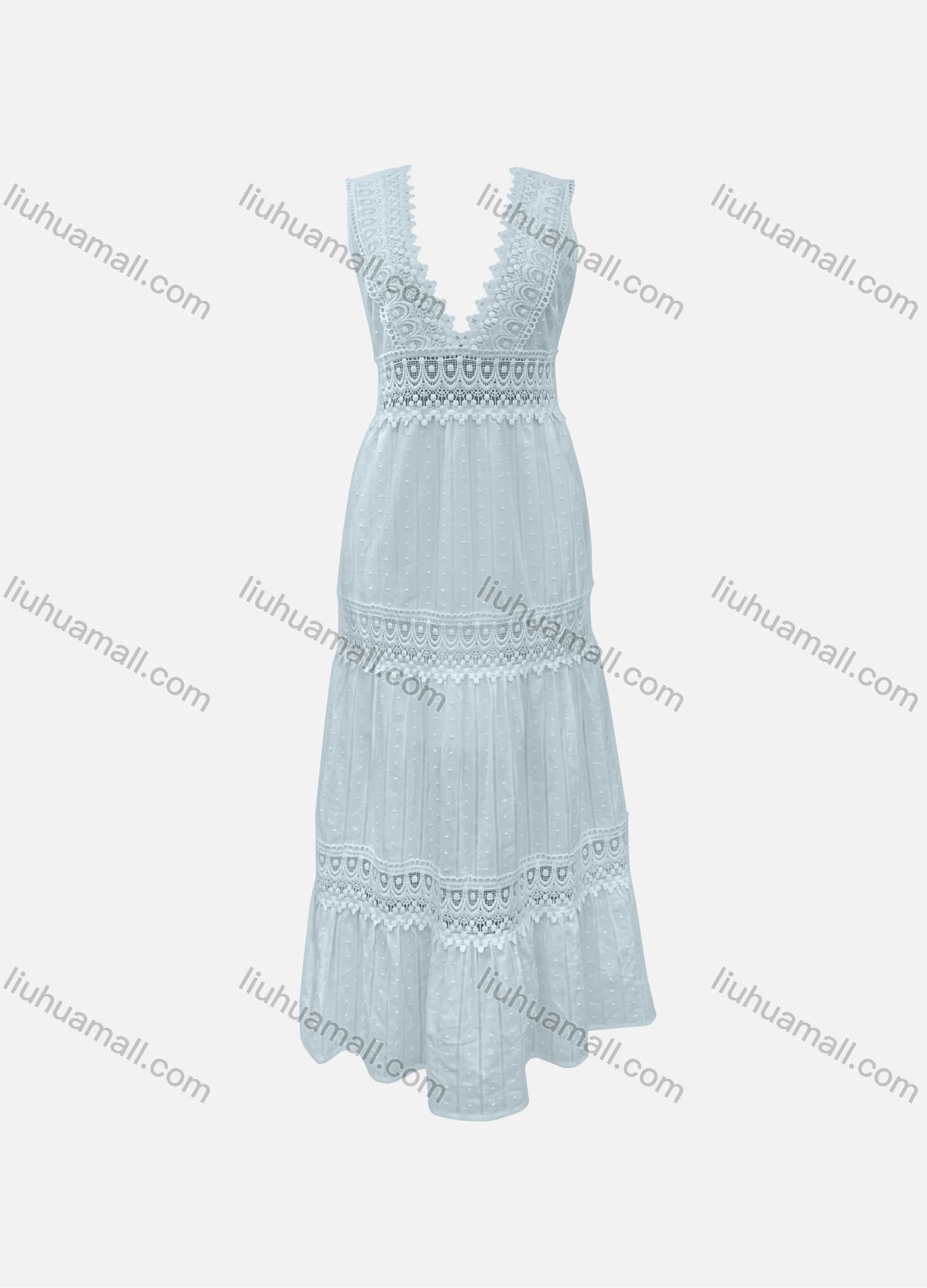 Wholesale Women's Casual 100%Cotton Plain Deep V Neck Pom-pom Ruffle Hem Hollow Out Tank Maxi Dress SC3648# - Liuhuamall