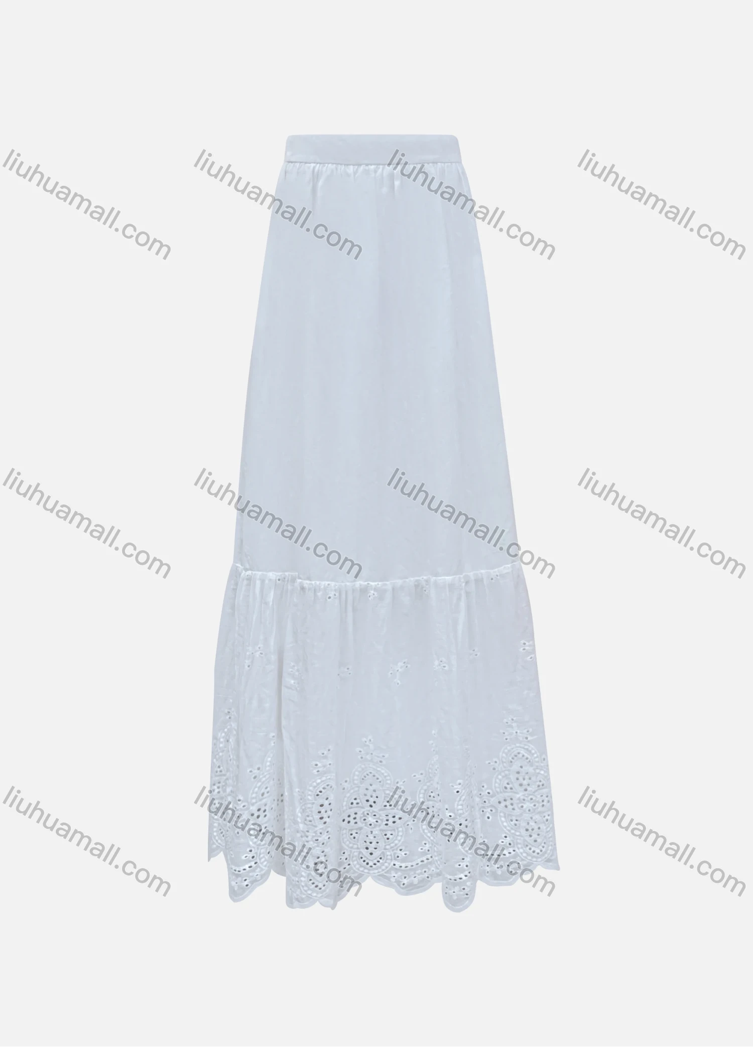 Wholesale Women's Elegant 100%Cotton Plain Splicing Eyelet Embroidered Ruched Maxi Skirt SC3649# - Liuhuamall