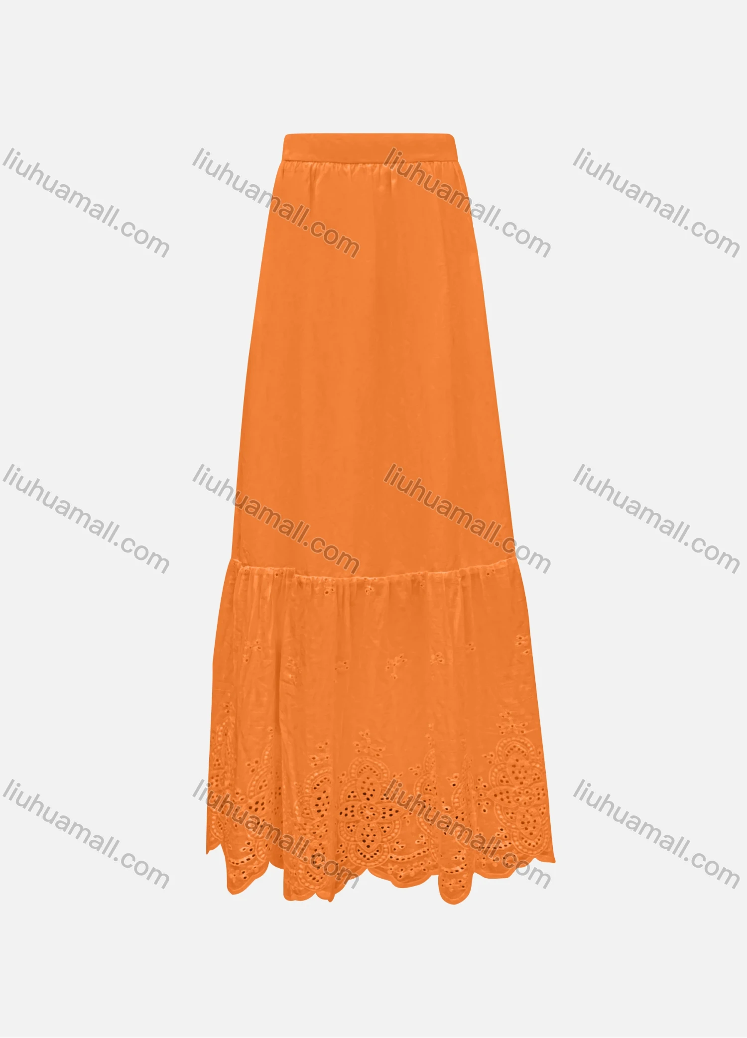 Wholesale Women's Elegant 100%Cotton Plain Splicing Eyelet Embroidered Ruched Maxi Skirt SC3649# - Liuhuamall