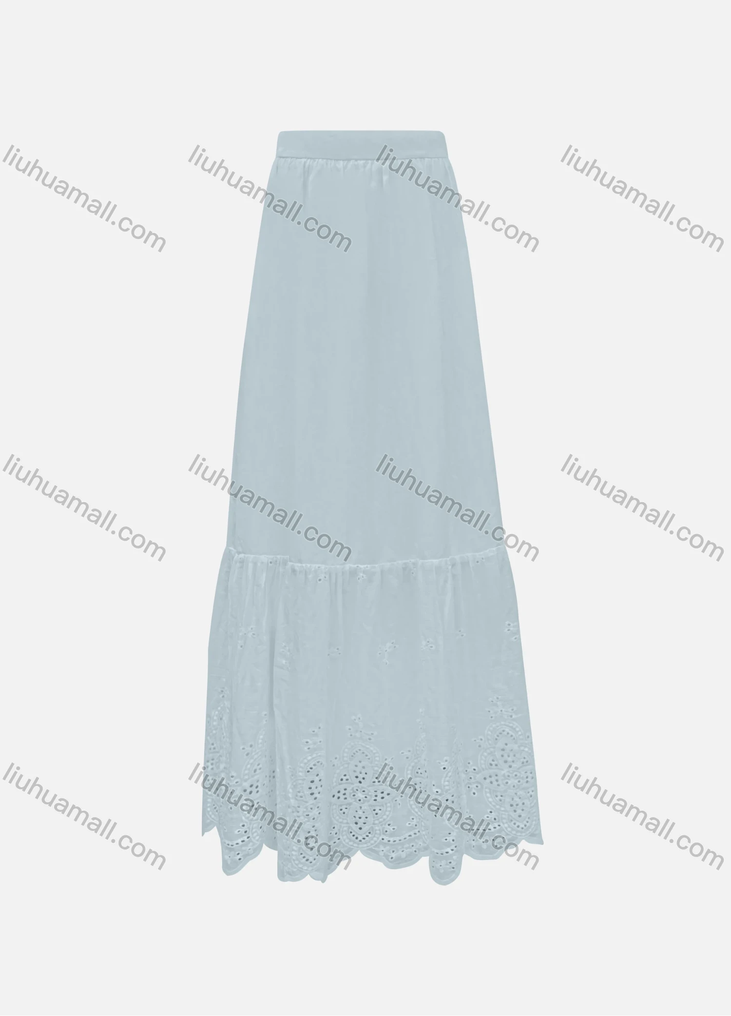 Wholesale Women's Elegant 100%Cotton Plain Splicing Eyelet Embroidered Ruched Maxi Skirt SC3649# - Liuhuamall