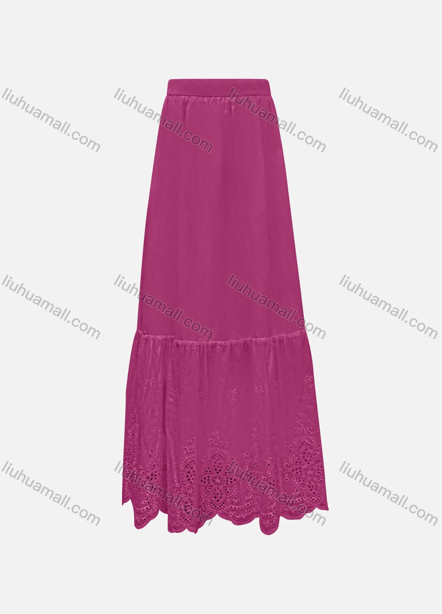 Wholesale Women's Elegant 100%Cotton Plain Splicing Eyelet Embroidered Ruched Maxi Skirt SC3649# - Liuhuamall