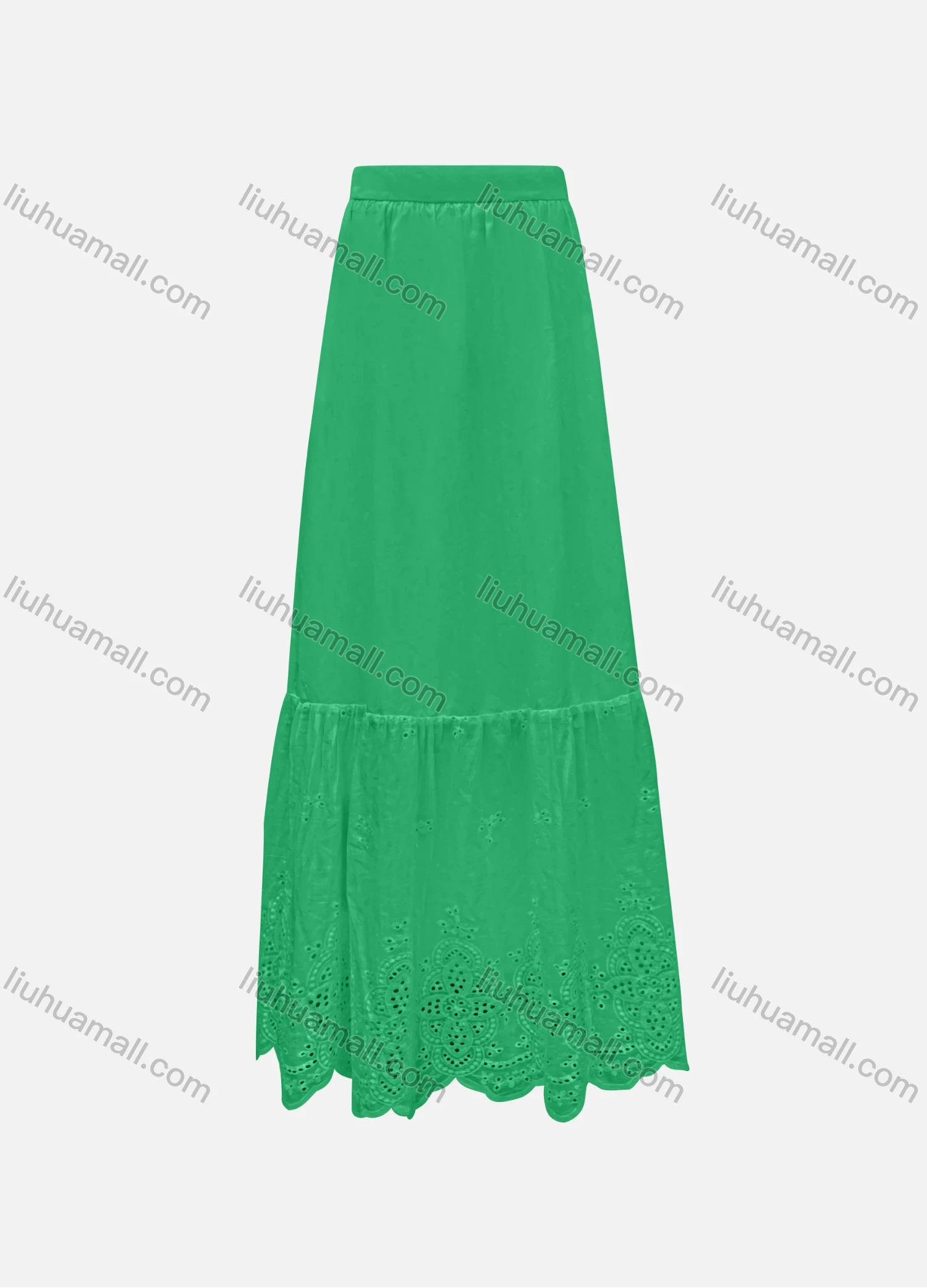Wholesale Women's Elegant 100%Cotton Plain Splicing Eyelet Embroidered Ruched Maxi Skirt SC3649# - Liuhuamall