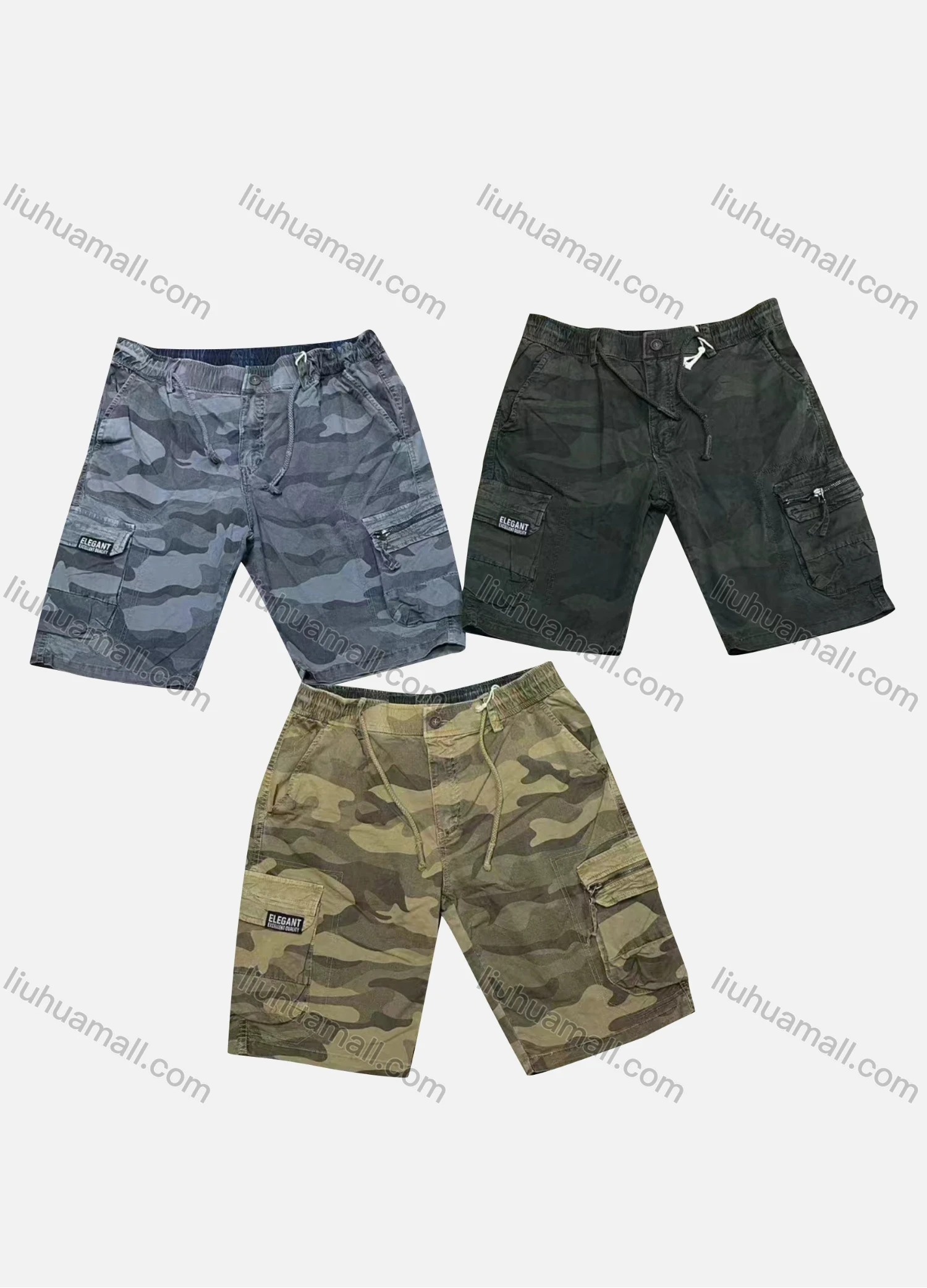 Wholesale Men's Casual Camouflage Zipper Flap Pockets Drawstring Cargo Shorts 9383# - Liuhuamall