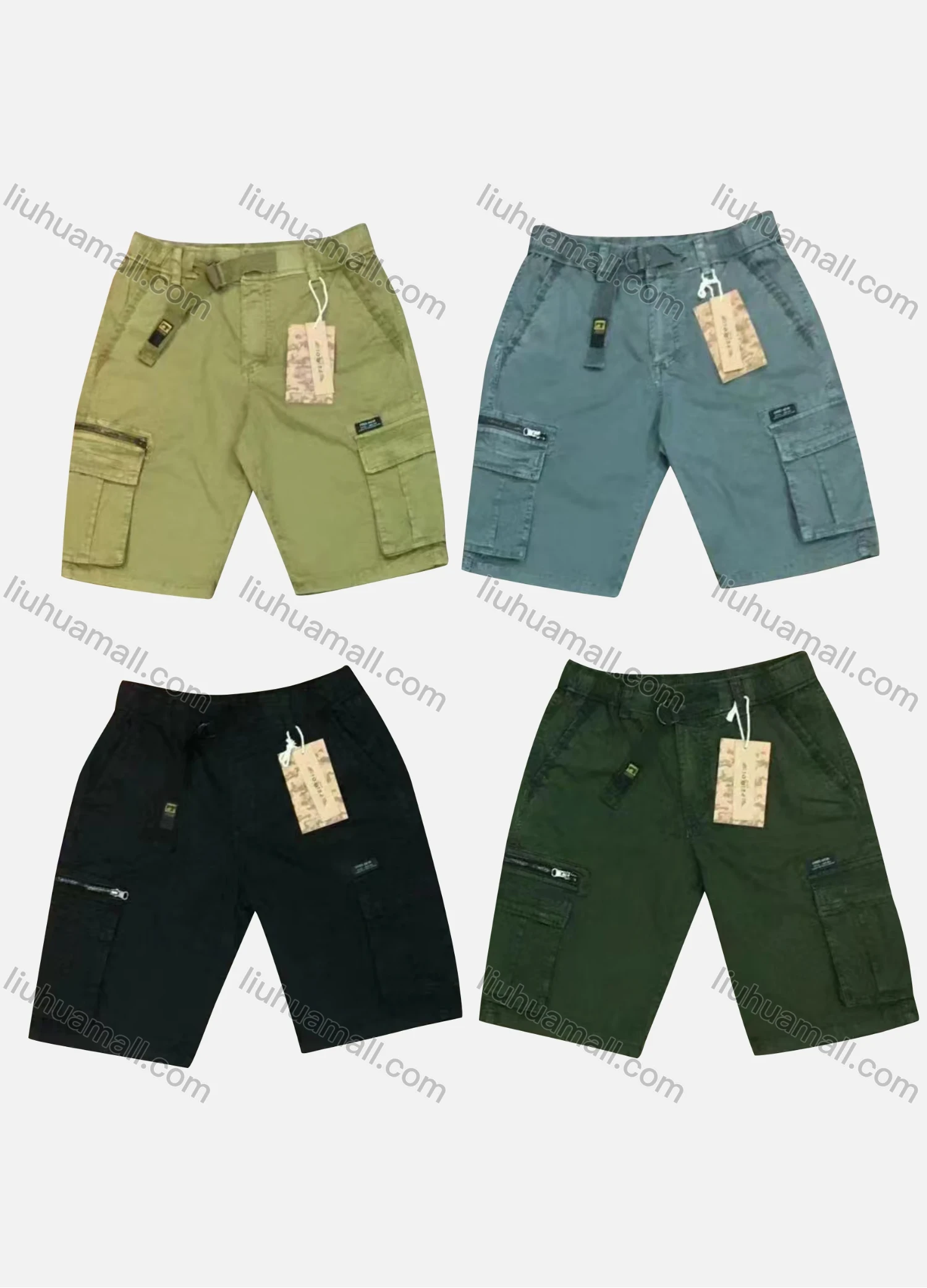 Wholesale Men's Casual Plain Zip Decor Flap Pockets Drawstring Cargo Shorts 9382# - Liuhuamall