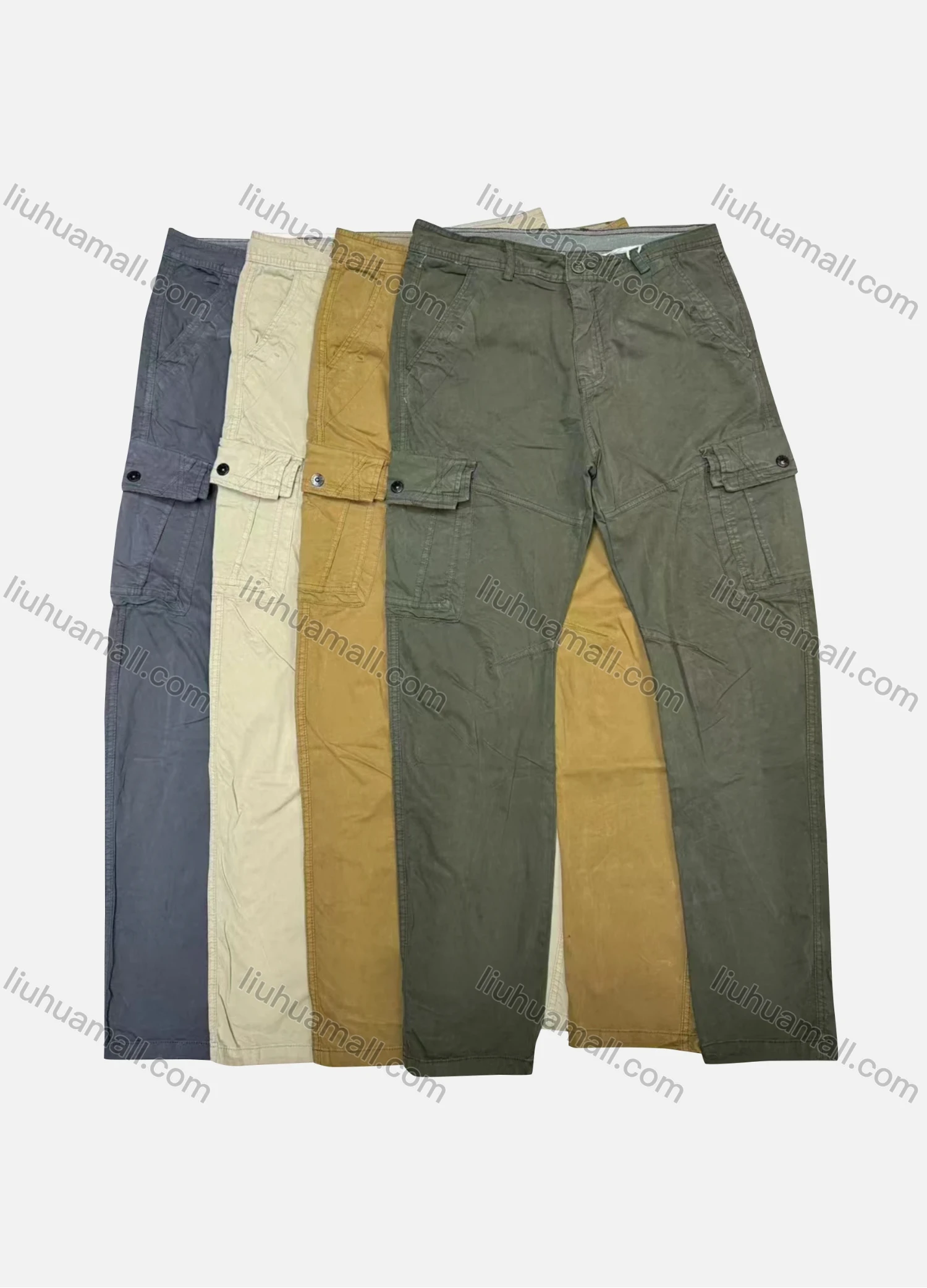 Wholesale Men's Casual Plain Flap Pockets Button Closure Cargo Pant 9A887# - Liuhuamall
