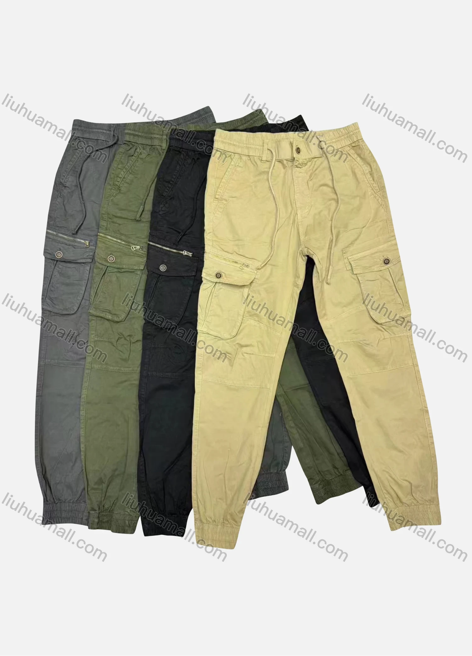 Wholesale Men's Casual Plain Flap Pockets Drawstring Button Closure Cargo Pant 20145# - Liuhuamall