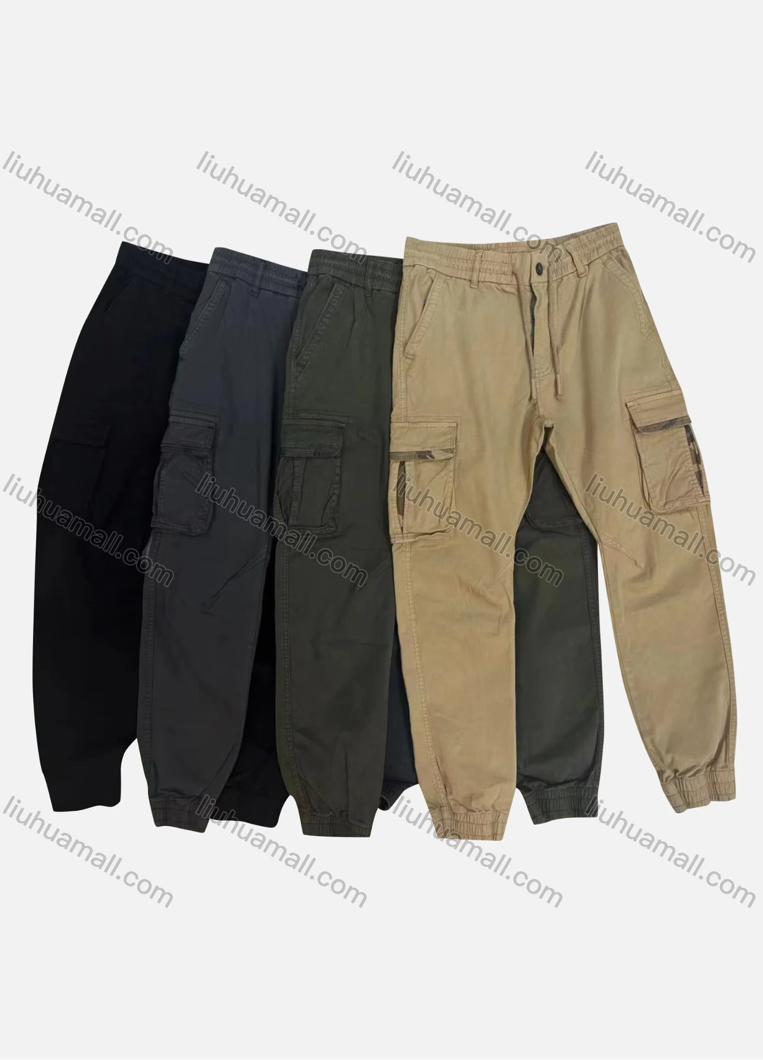 Wholesale Men's Casual Plain Flap Pockets Drawstring Button Closure Cargo Pant 1208# - Liuhuamall
