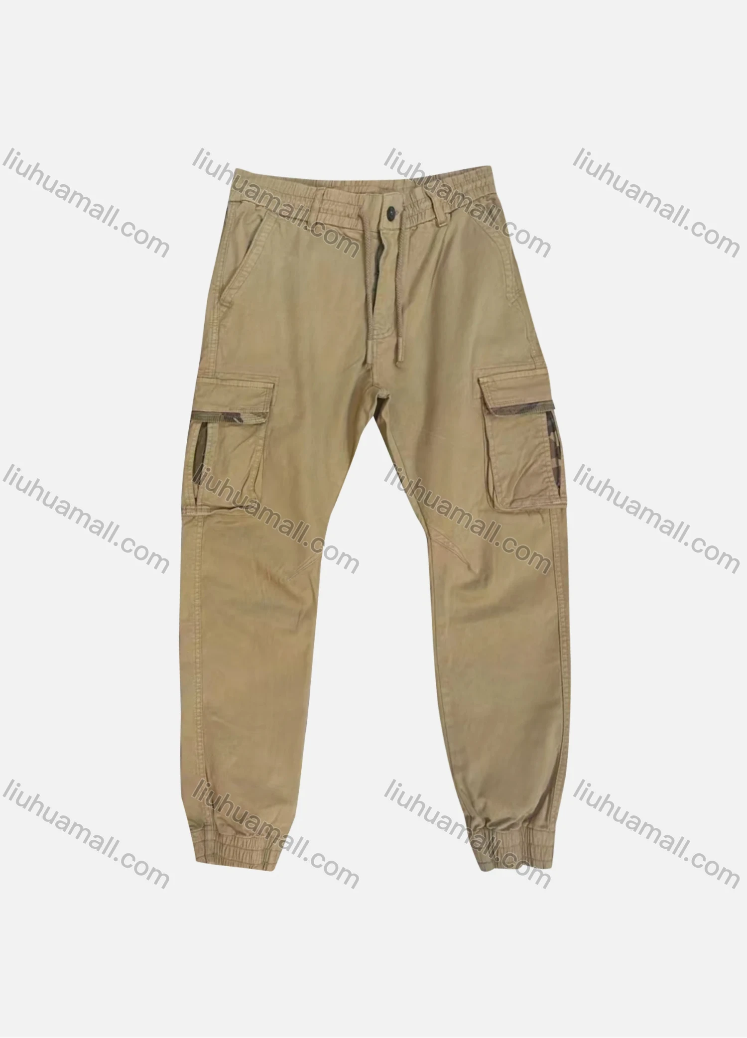 Wholesale Men's Casual Plain Flap Pockets Drawstring Button Closure Cargo Pant 1208# - Liuhuamall