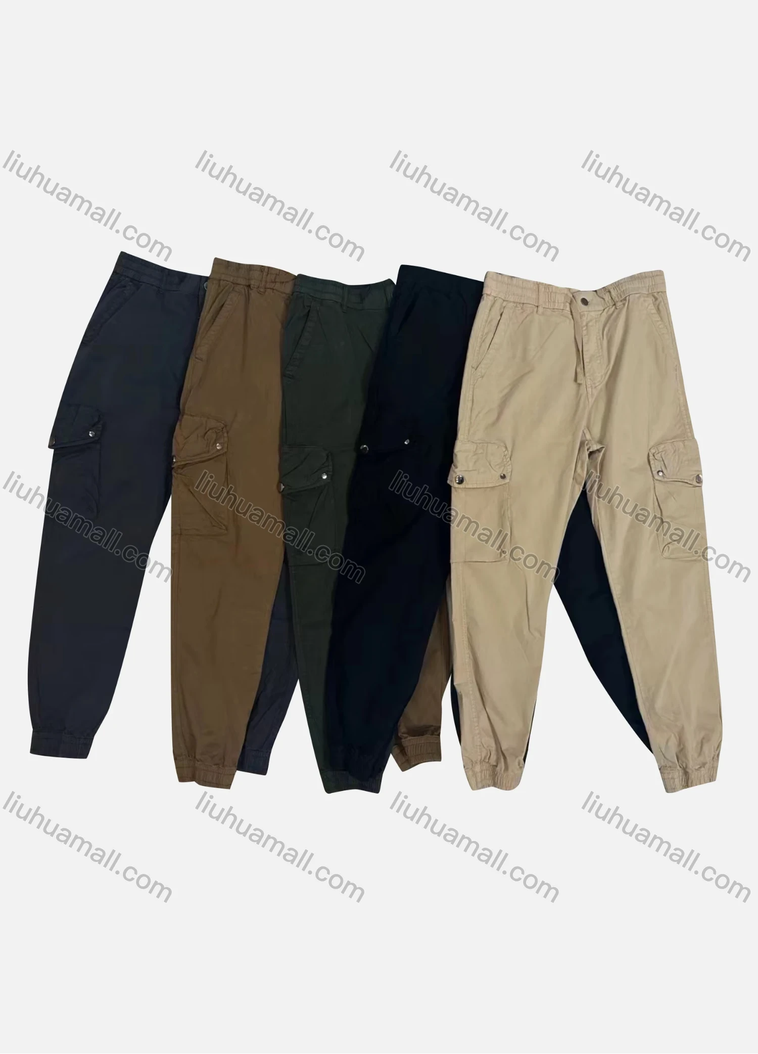 Wholesale Men's Casual Plain Flap Pockets Drawstring Button Closure Cargo Pant 1227# - Liuhuamall