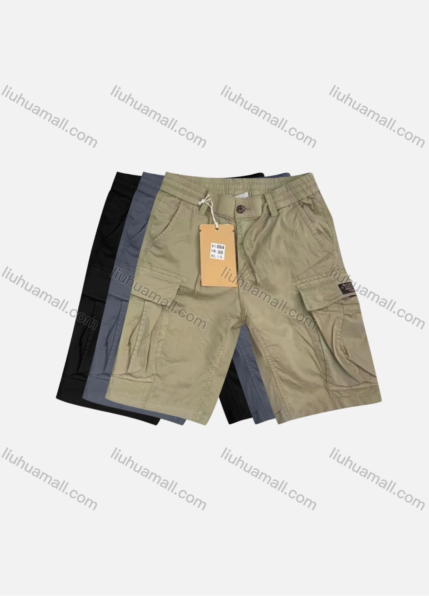 Wholesale Men's Casual Plain Flap Pockets Drawstring Cargo Shorts 064# - Liuhuamall