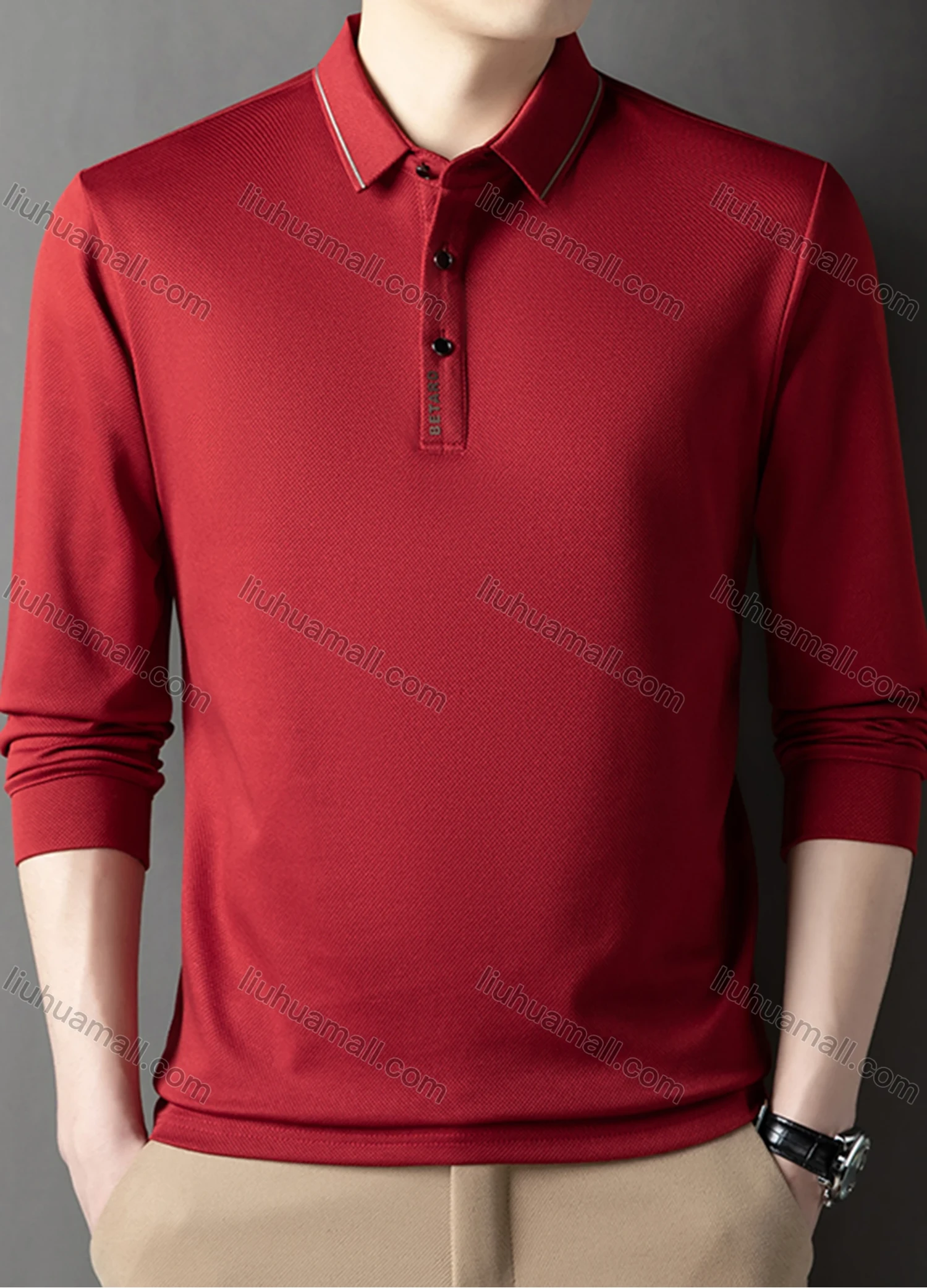 Wholesale Men's Casual Plain Striped Trim Long Sleeve Polo Shirt 881# - Liuhuamall