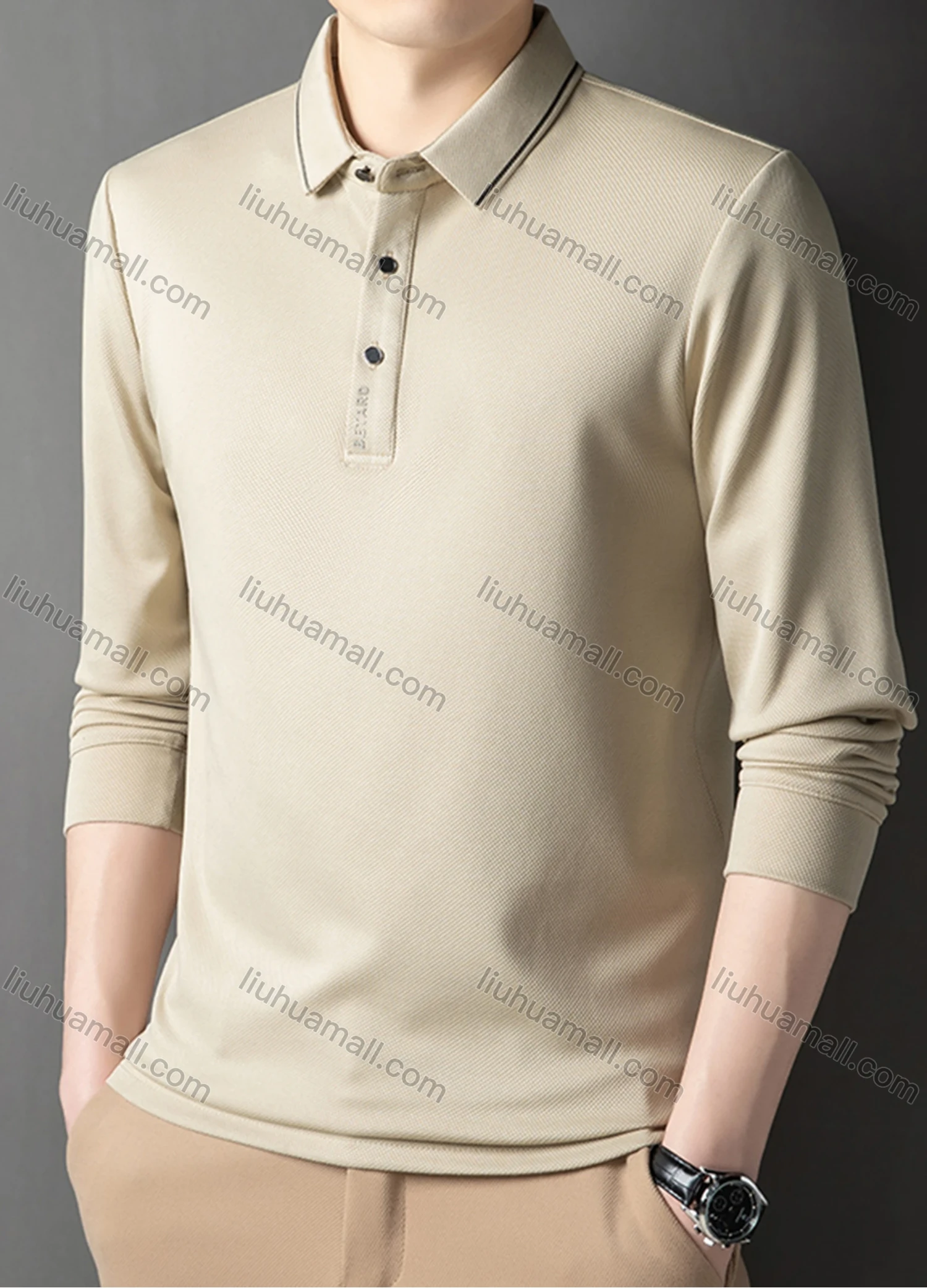 Wholesale Men's Casual Plain Striped Trim Long Sleeve Polo Shirt 881# - Liuhuamall