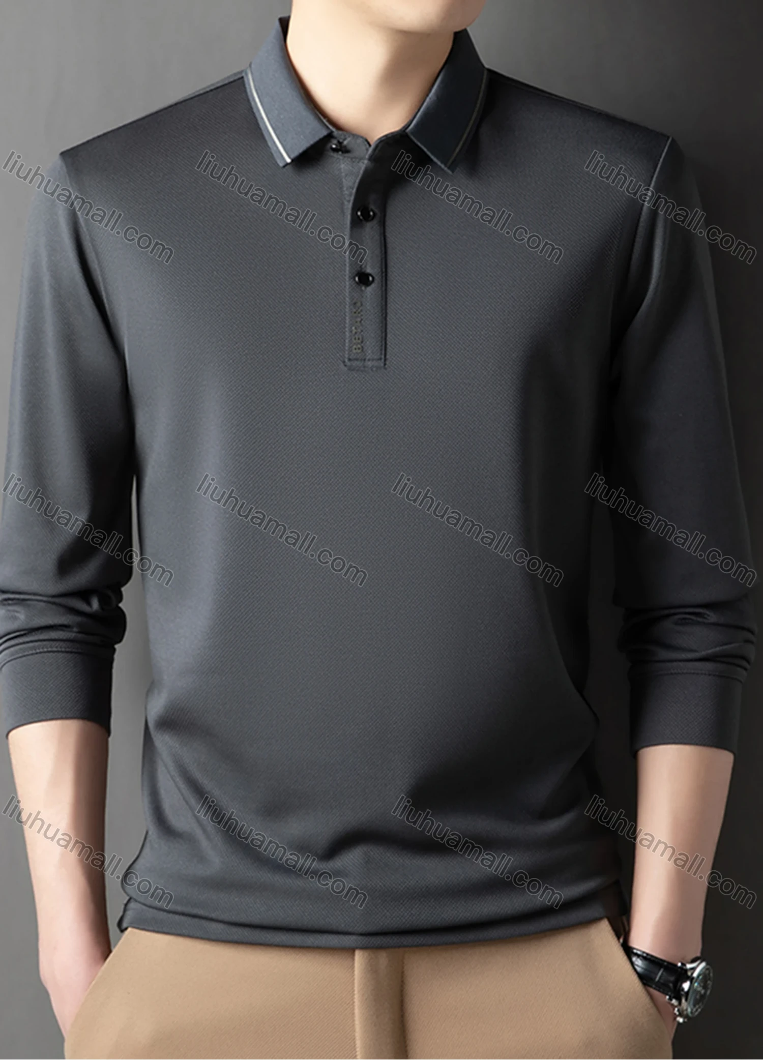 Wholesale Men's Casual Plain Striped Trim Long Sleeve Polo Shirt 881# - Liuhuamall