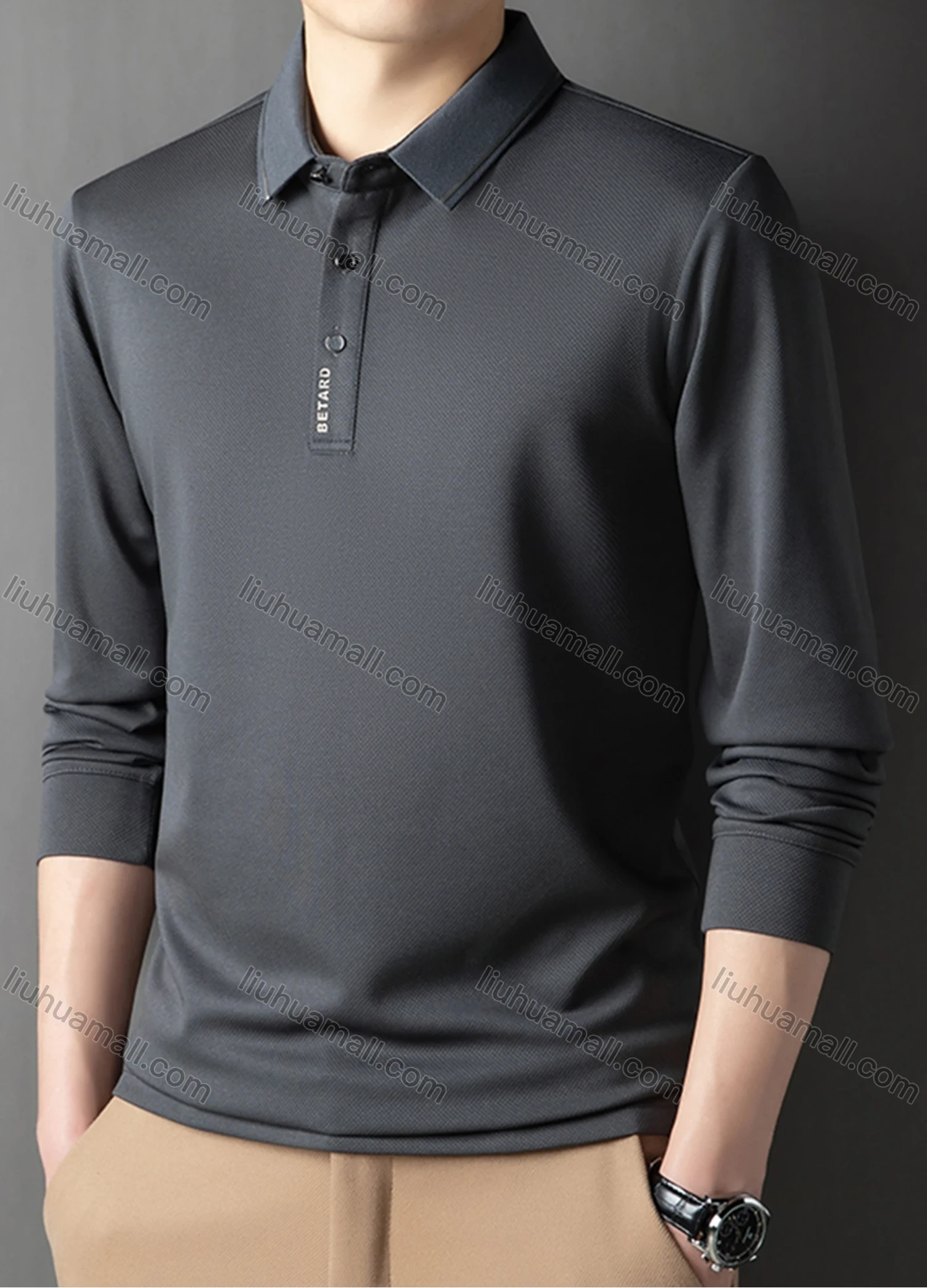 Wholesale Men's Casual Plain Striped Trim Long Sleeve Polo Shirt 881# - Liuhuamall