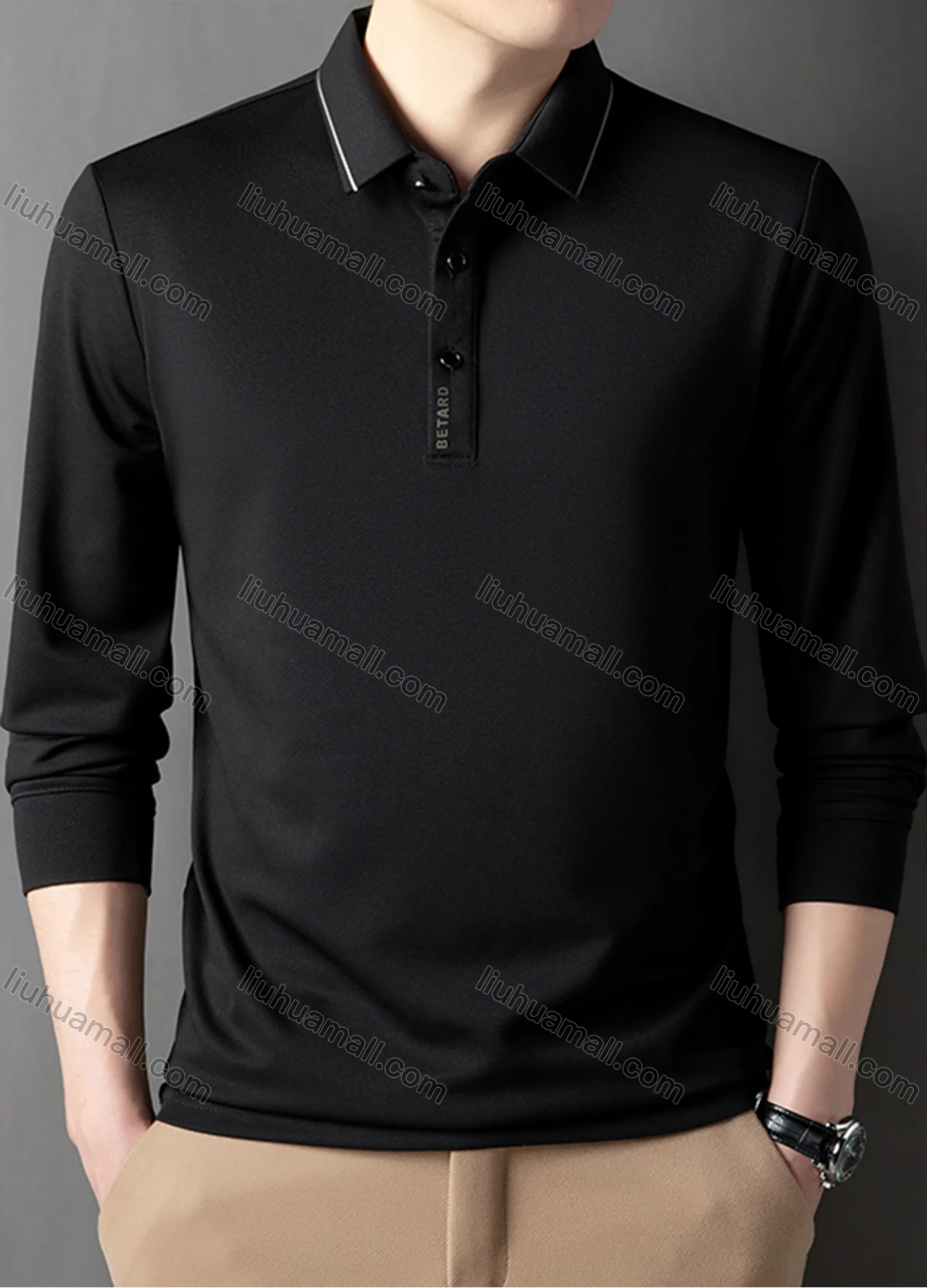 Wholesale Men's Casual Plain Striped Trim Long Sleeve Polo Shirt 881# - Liuhuamall