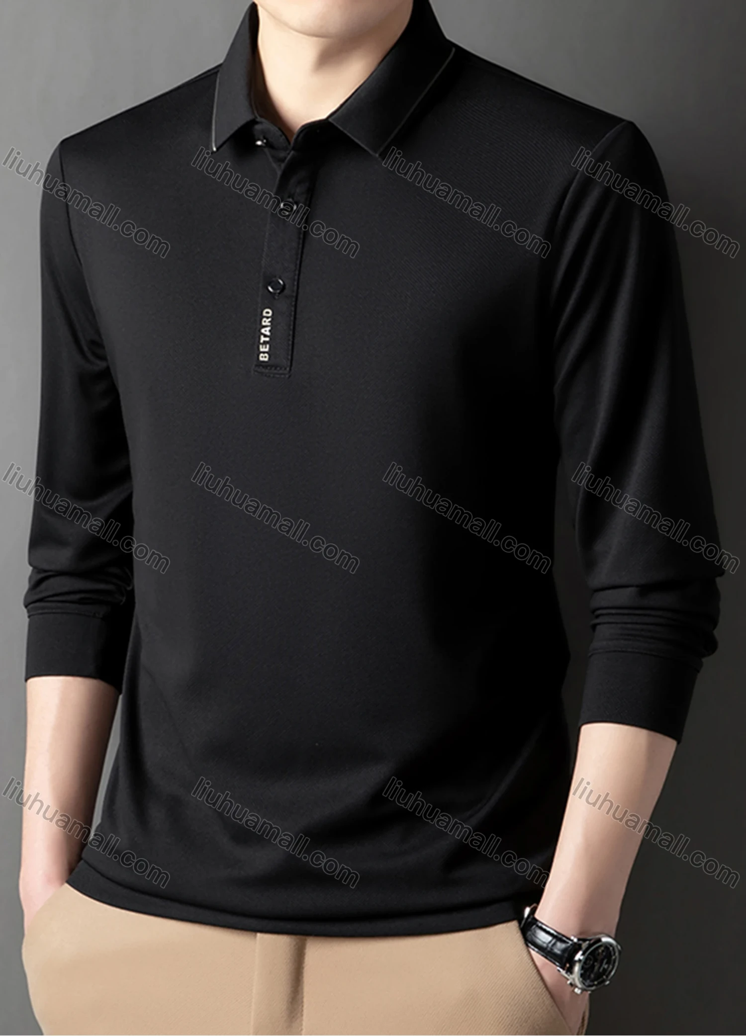 Wholesale Men's Casual Plain Striped Trim Long Sleeve Polo Shirt 881# - Liuhuamall