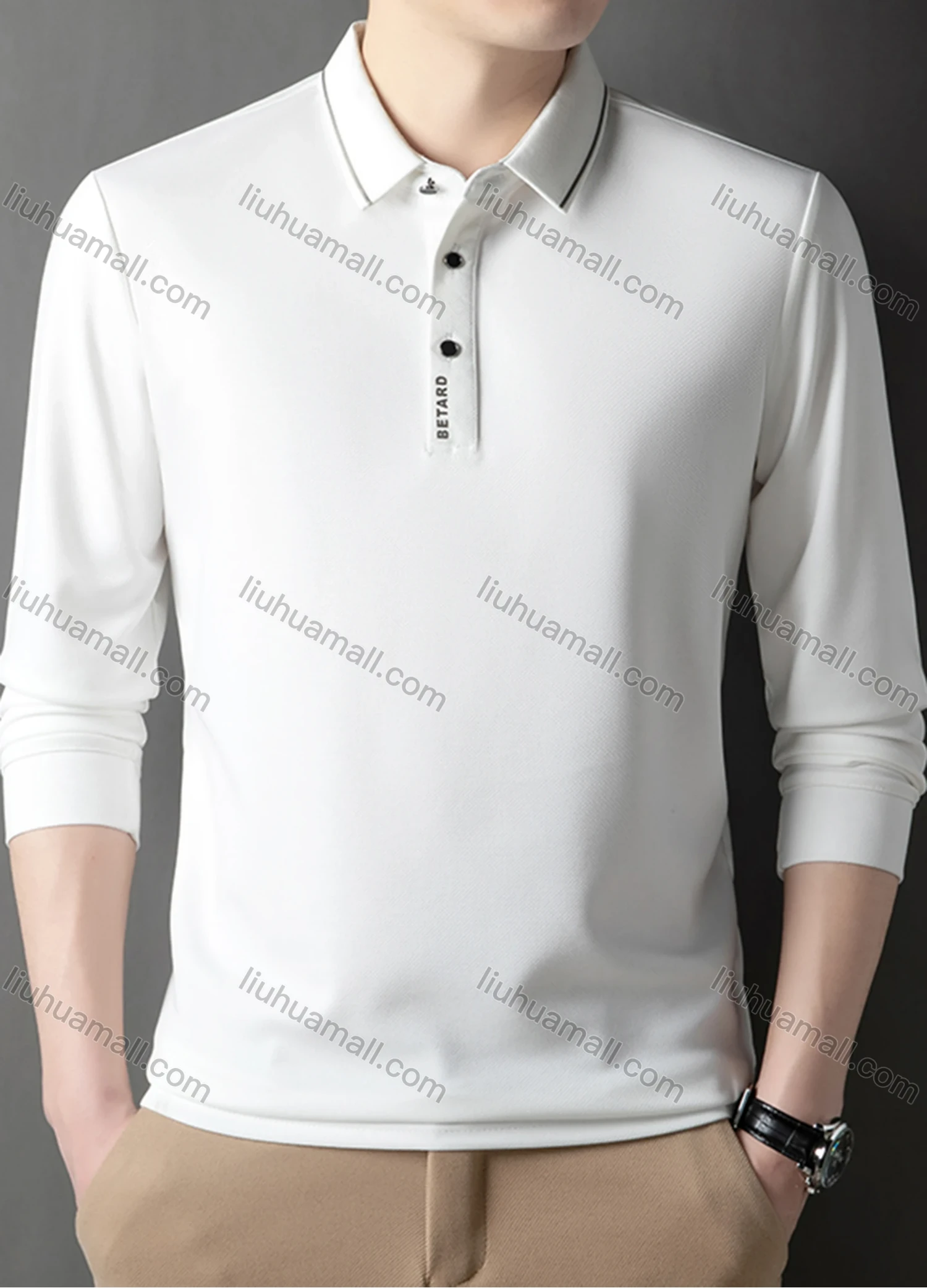 Wholesale Men's Casual Plain Striped Trim Long Sleeve Polo Shirt 881# - Liuhuamall