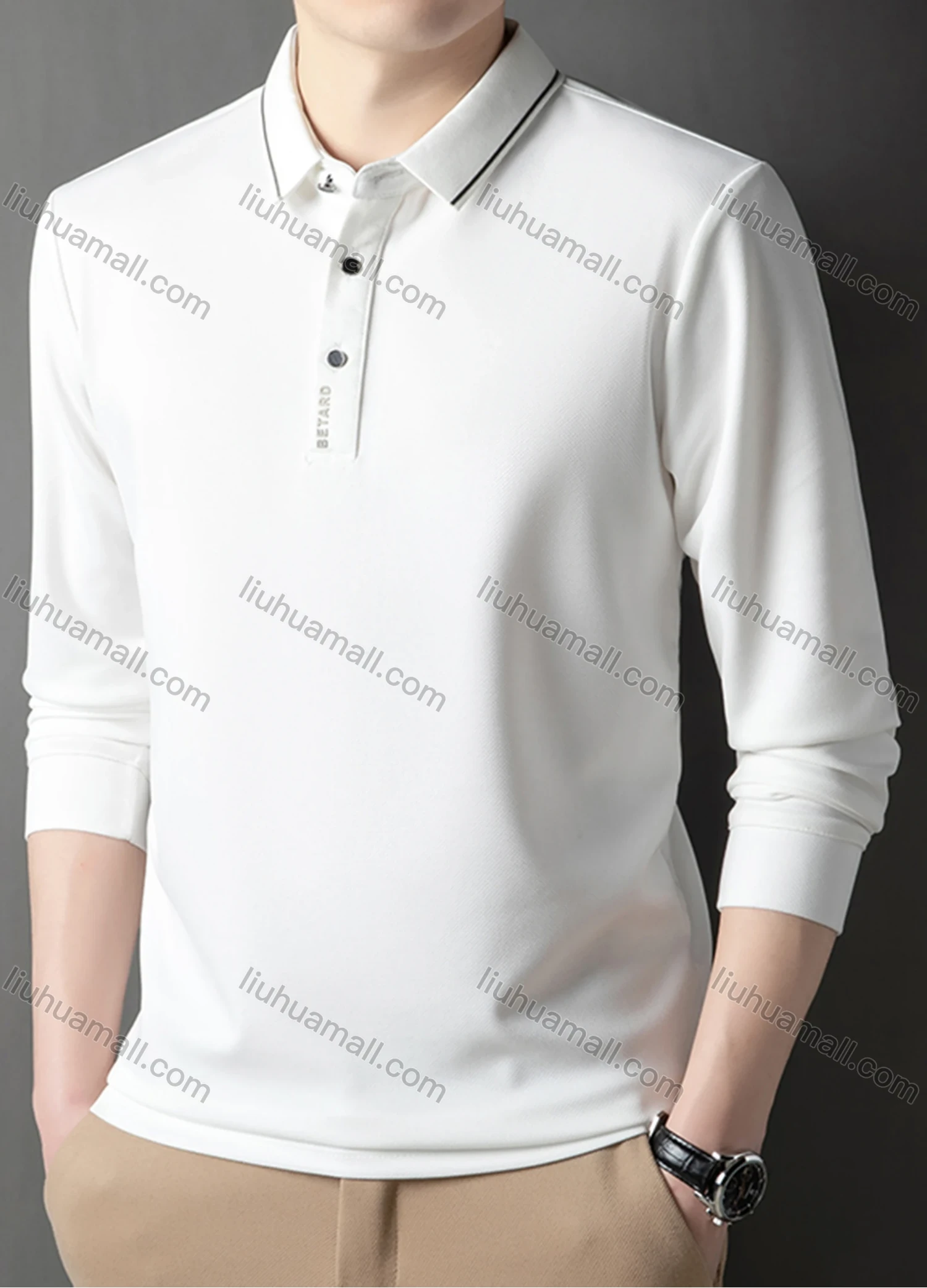 Wholesale Men's Casual Plain Striped Trim Long Sleeve Polo Shirt 881# - Liuhuamall