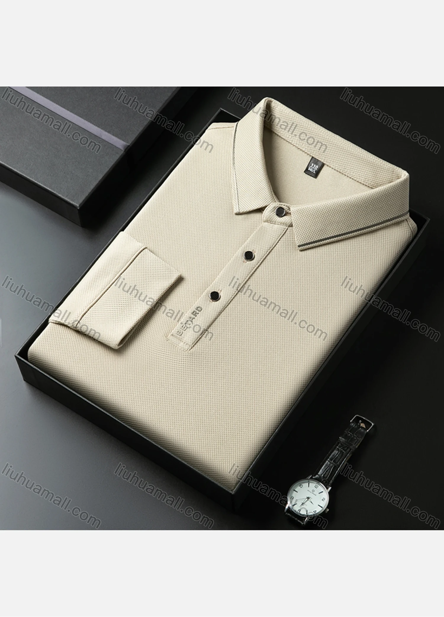 Wholesale Men's Casual Plain Striped Trim Long Sleeve Polo Shirt 881# - Liuhuamall