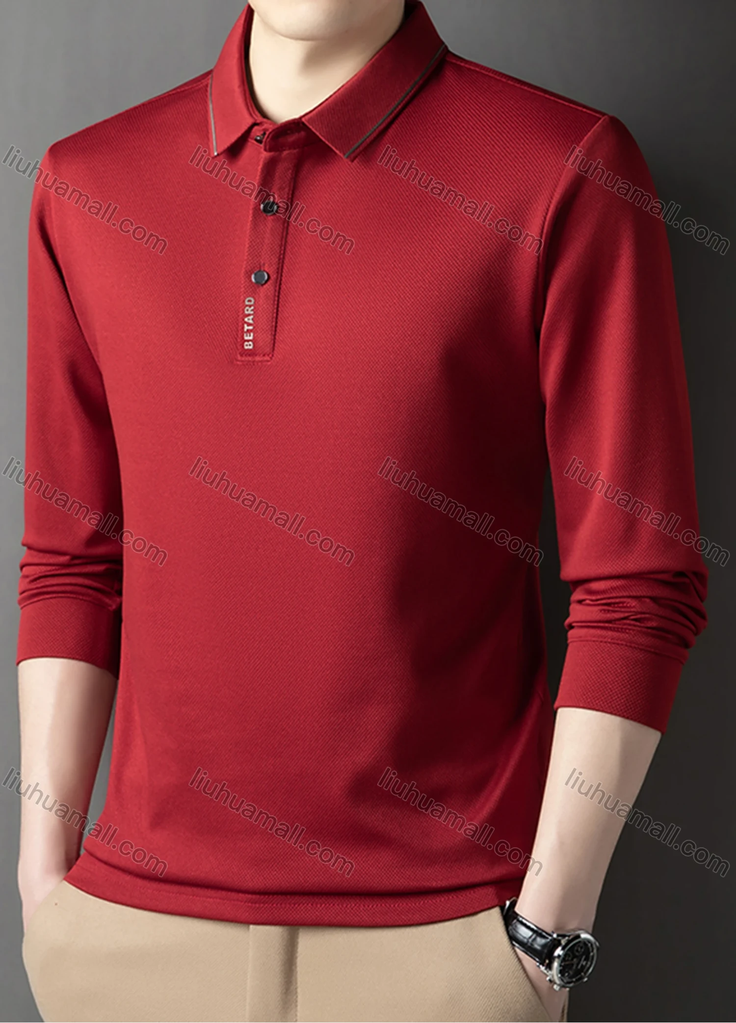 Wholesale Men's Casual Plain Striped Trim Long Sleeve Polo Shirt 881# - Liuhuamall