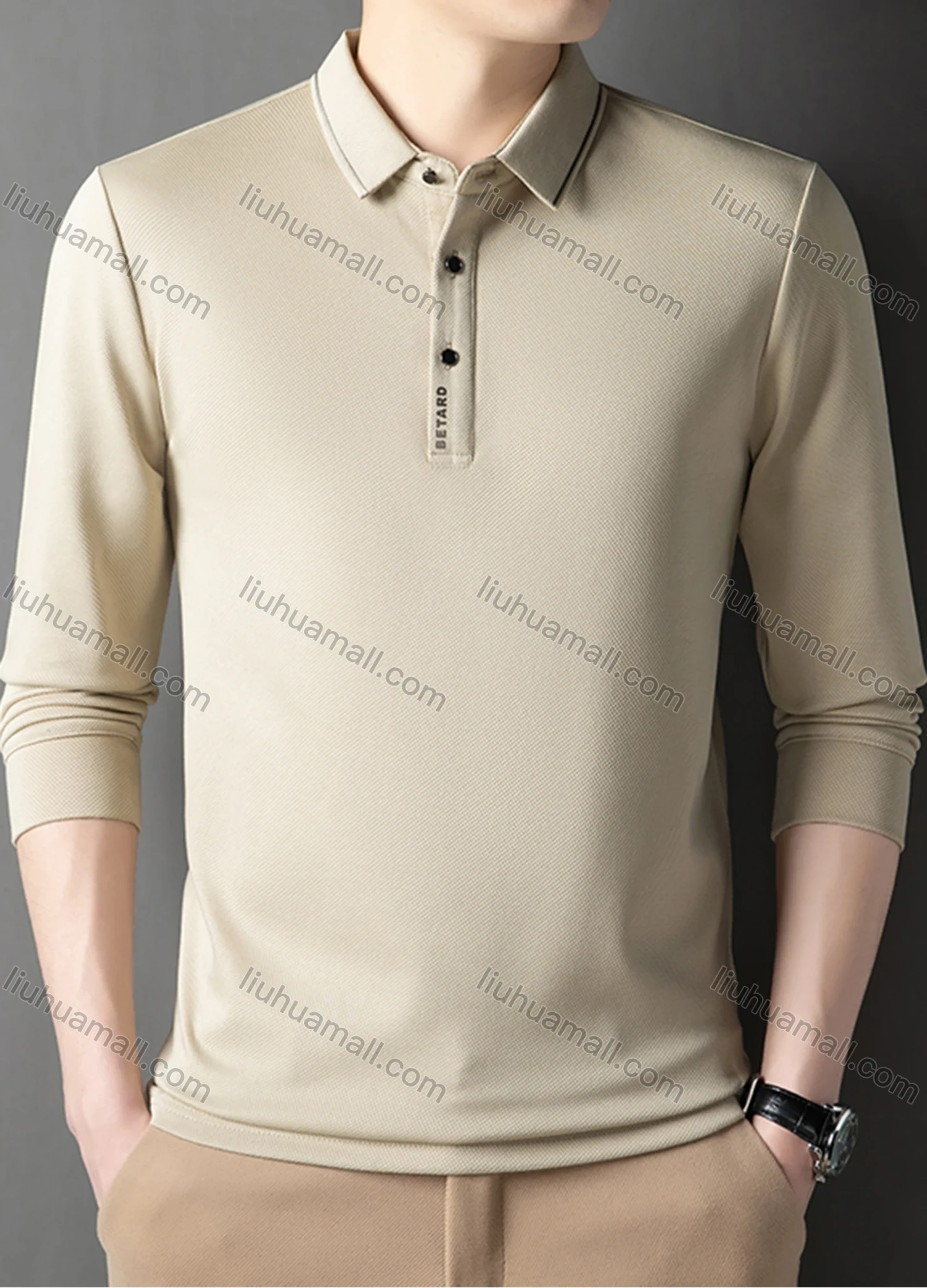 Wholesale Men's Casual Plain Striped Trim Long Sleeve Polo Shirt 881# - Liuhuamall