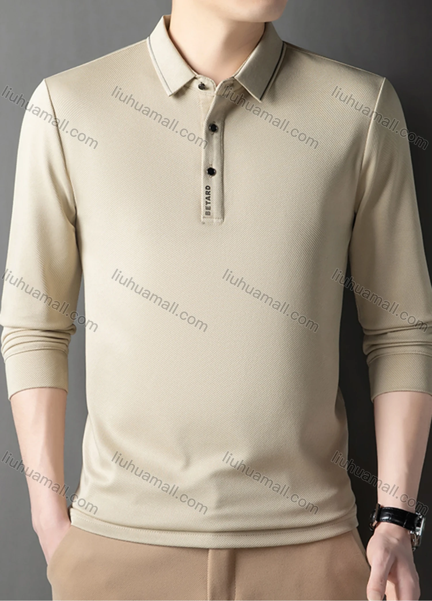 Wholesale Men's Casual Plain Striped Trim Long Sleeve Polo Shirt 881# - Liuhuamall