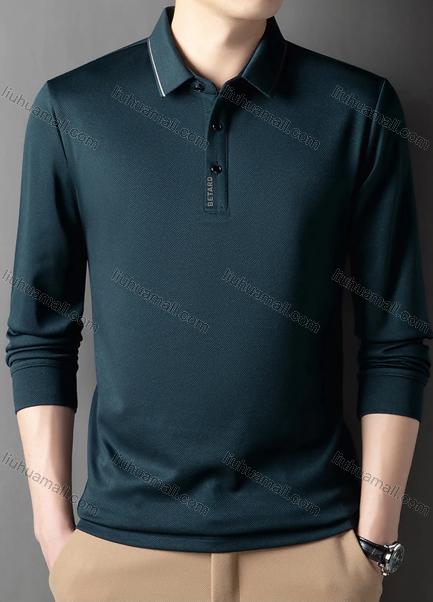 Wholesale Men's Casual Plain Striped Trim Long Sleeve Polo Shirt 881# - Liuhuamall
