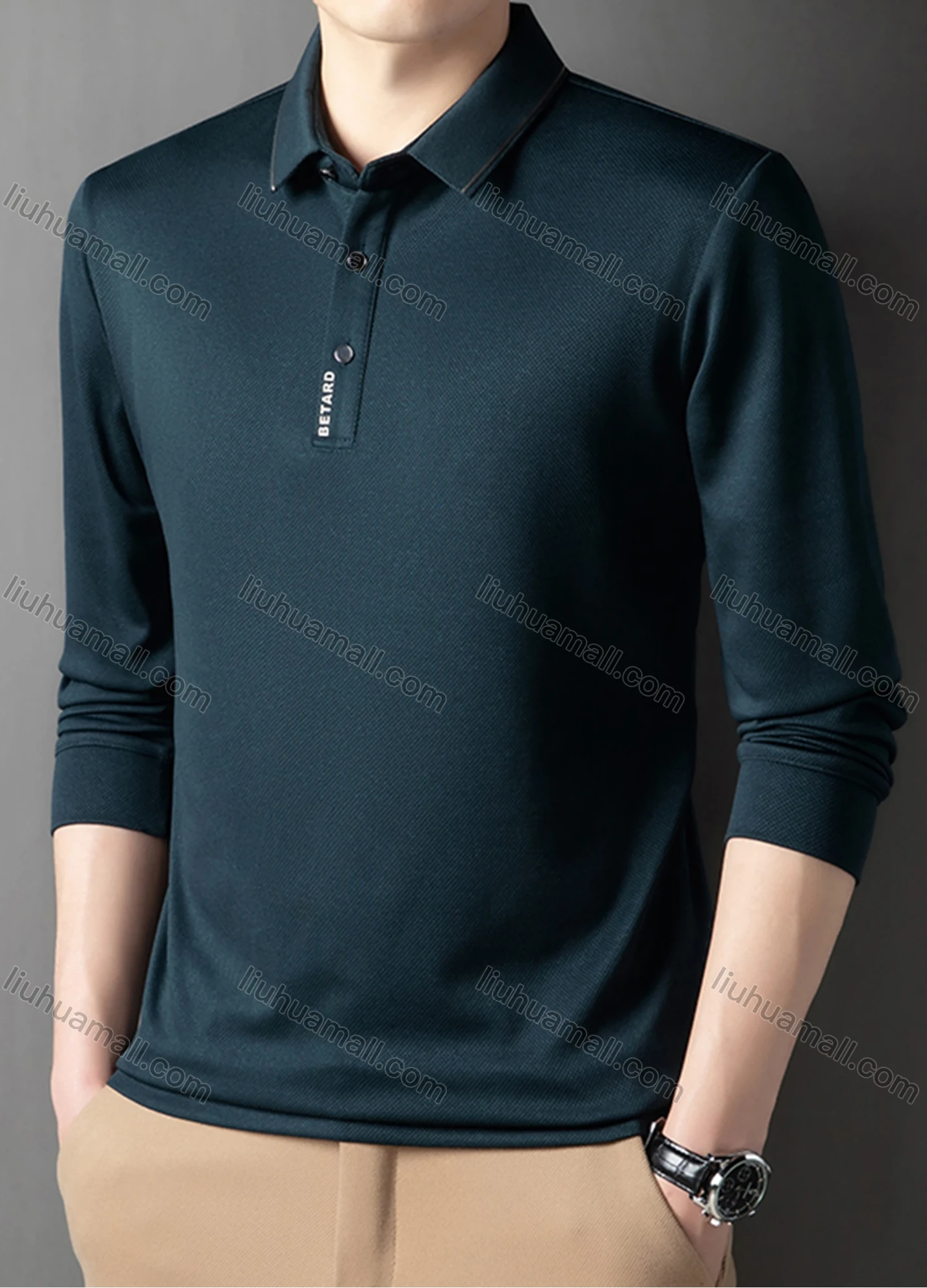 Wholesale Men's Casual Plain Striped Trim Long Sleeve Polo Shirt 881# - Liuhuamall