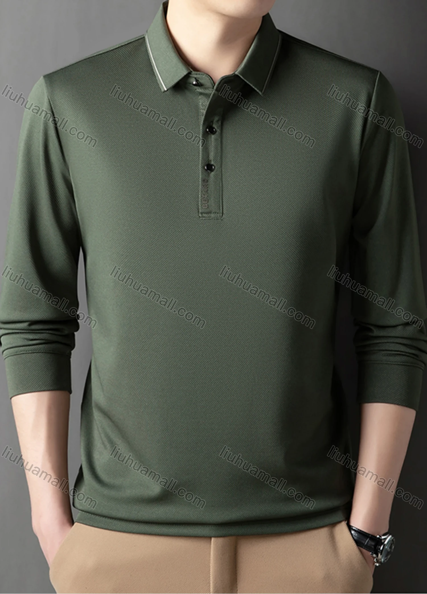 Wholesale Men's Casual Plain Striped Trim Long Sleeve Polo Shirt 881# - Liuhuamall