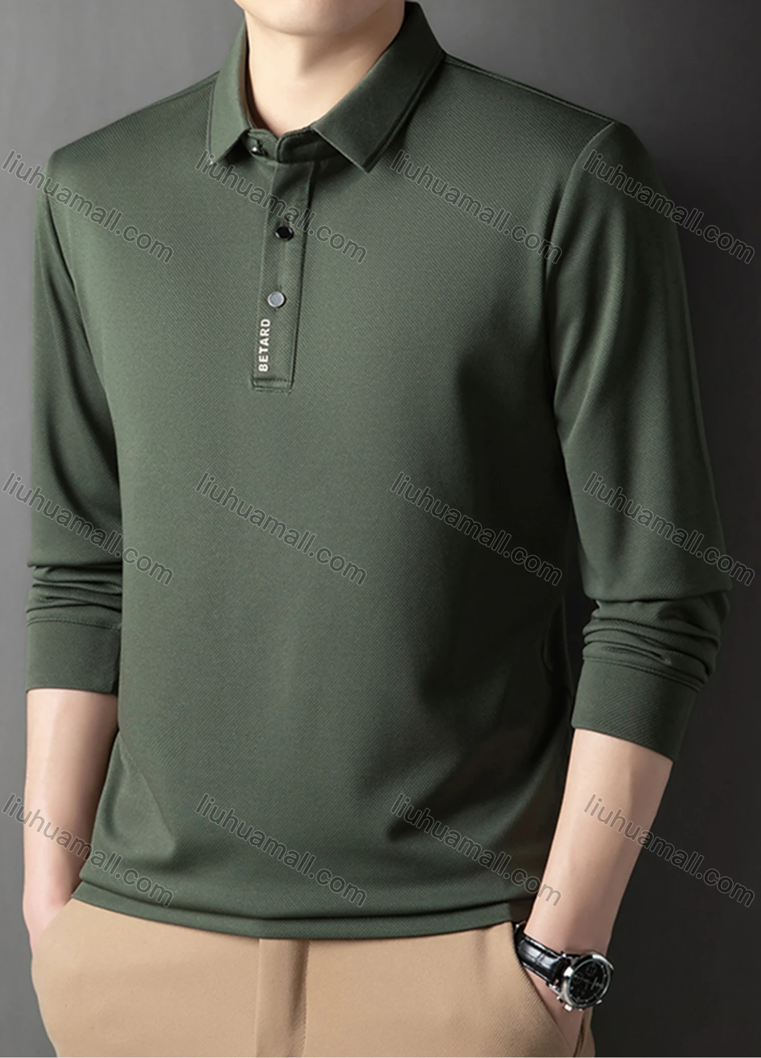 Wholesale Men's Casual Plain Striped Trim Long Sleeve Polo Shirt 881# - Liuhuamall