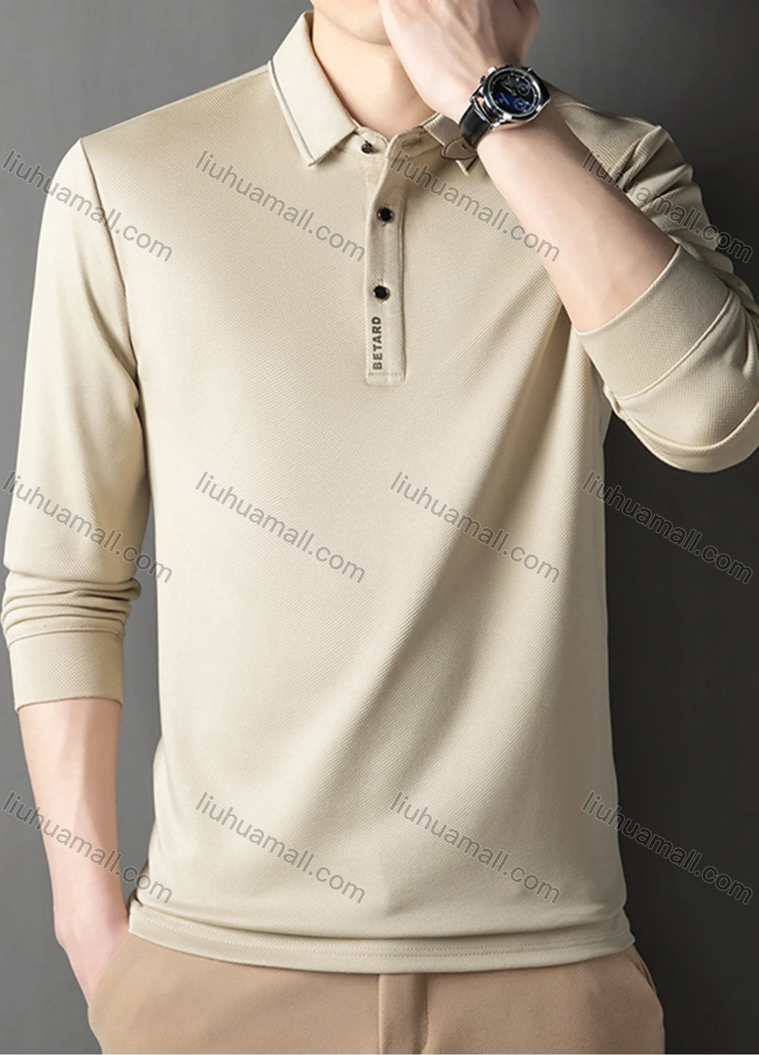 Wholesale Men's Casual Plain Striped Trim Long Sleeve Polo Shirt 881# - Liuhuamall