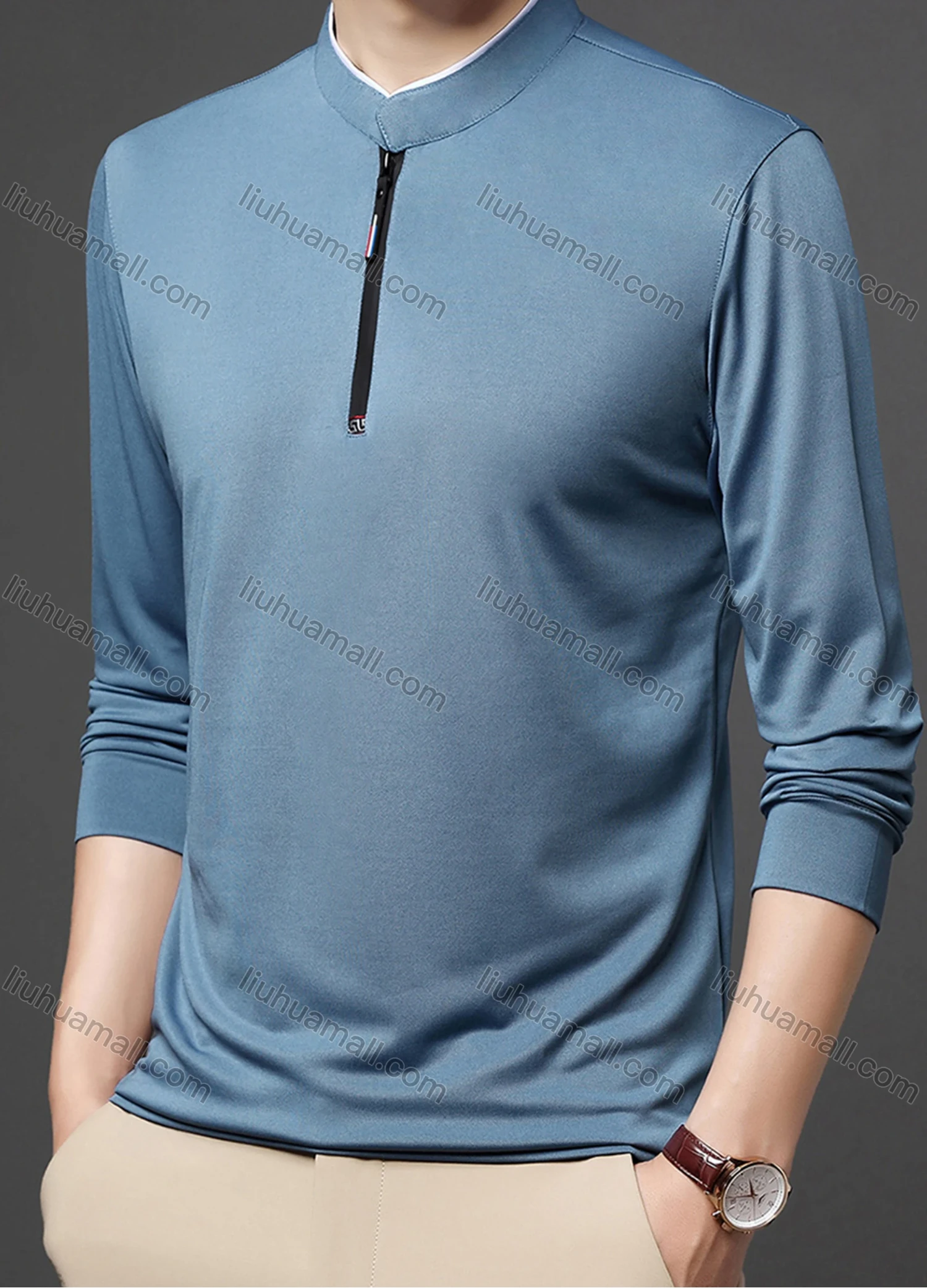 Wholesale Men's Casual Plain Mock Neck Quarter Zip Long Sleeve Henley Shirt 2211# - Liuhuamall