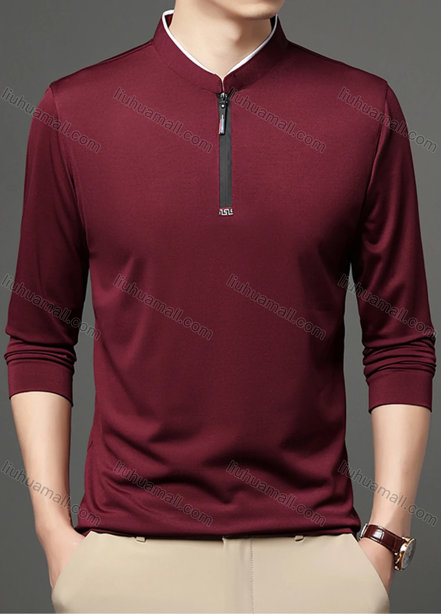 Wholesale Men's Casual Plain Mock Neck Quarter Zip Long Sleeve Henley Shirt 2211# - Liuhuamall