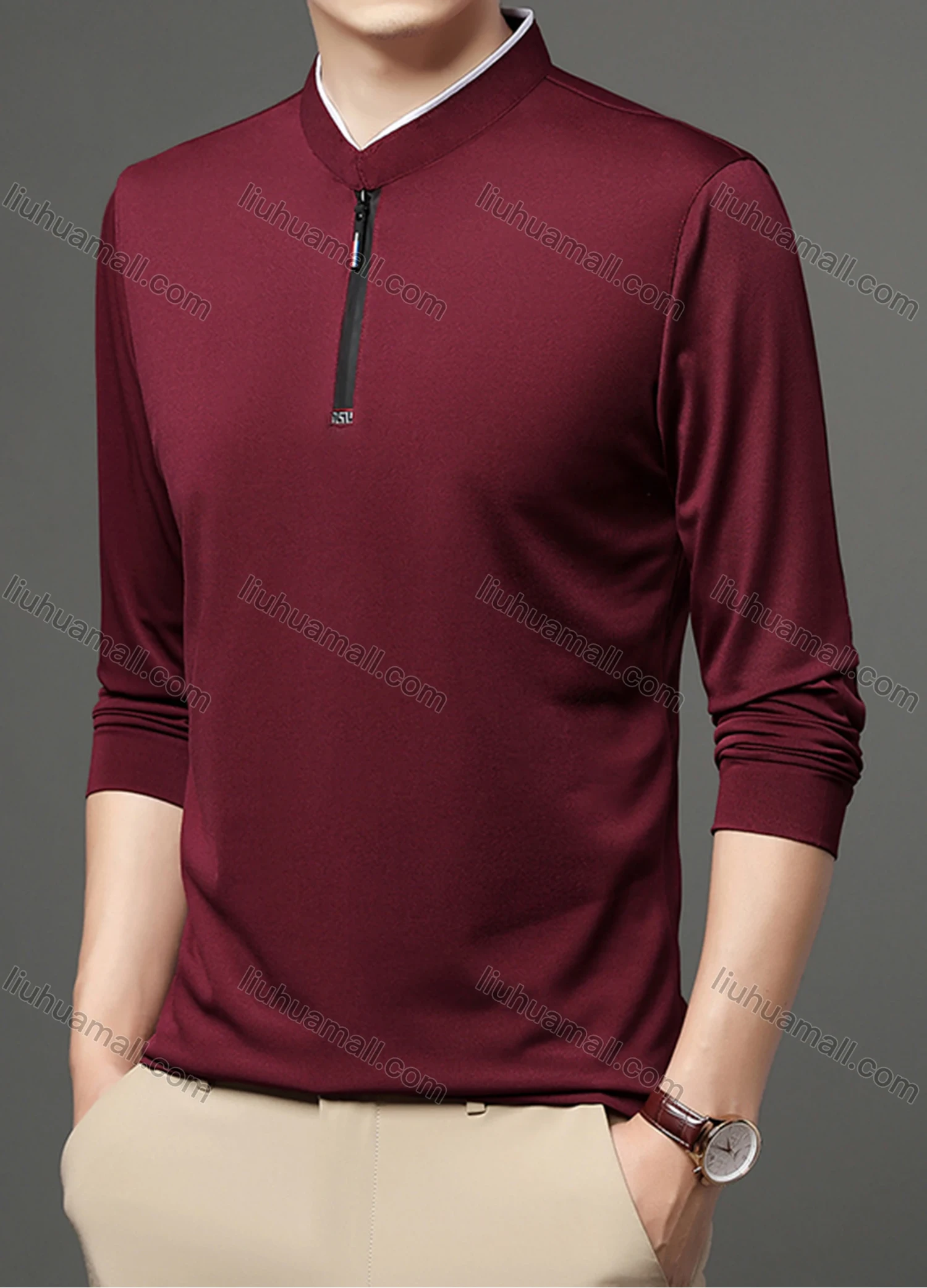 Wholesale Men's Casual Plain Mock Neck Quarter Zip Long Sleeve Henley Shirt 2211# - Liuhuamall
