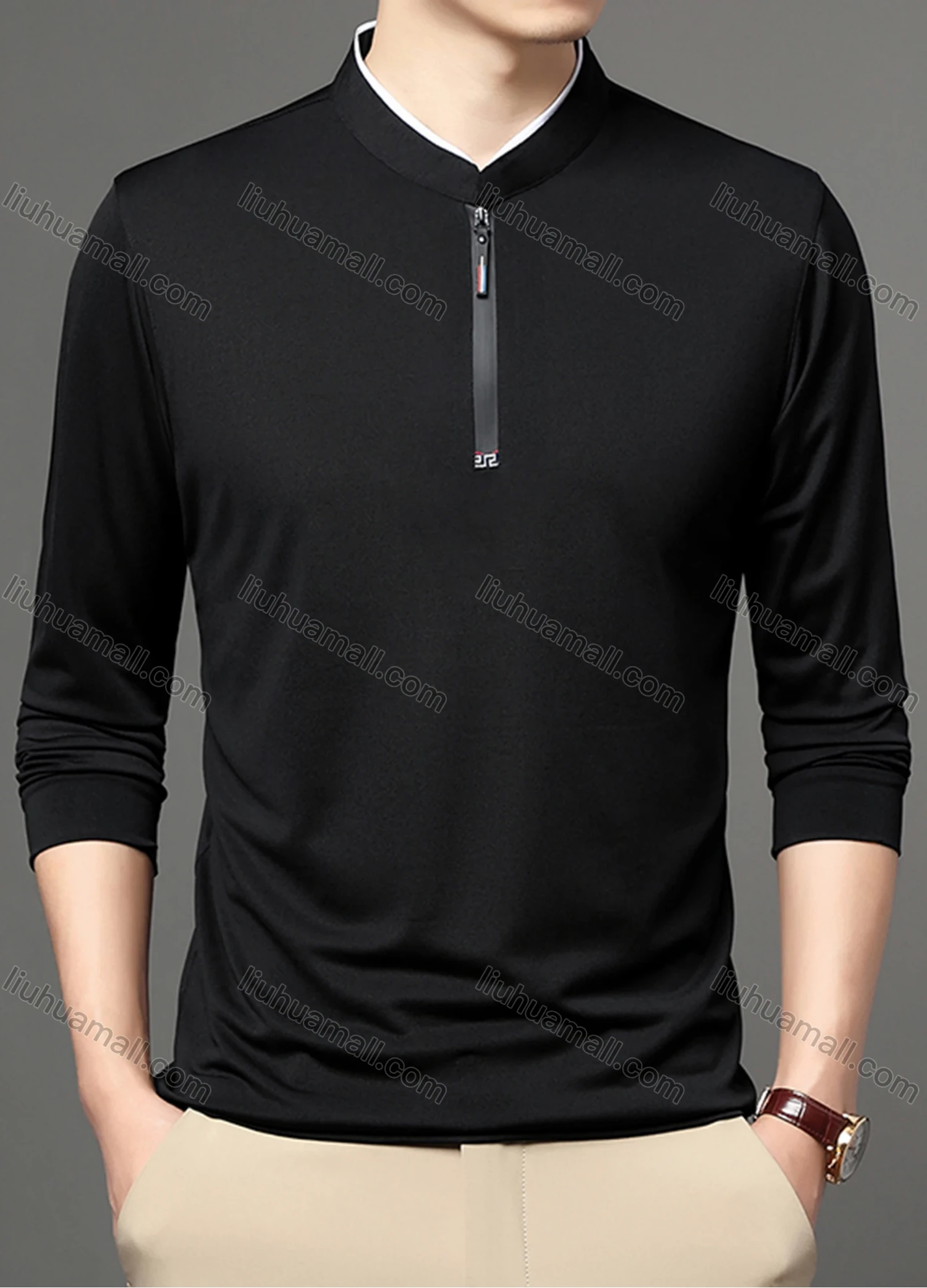 Wholesale Men's Casual Plain Mock Neck Quarter Zip Long Sleeve Henley Shirt 2211# - Liuhuamall