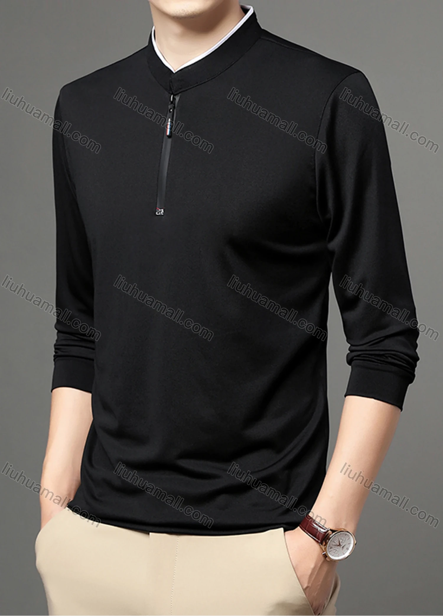 Wholesale Men's Casual Plain Mock Neck Quarter Zip Long Sleeve Henley Shirt 2211# - Liuhuamall